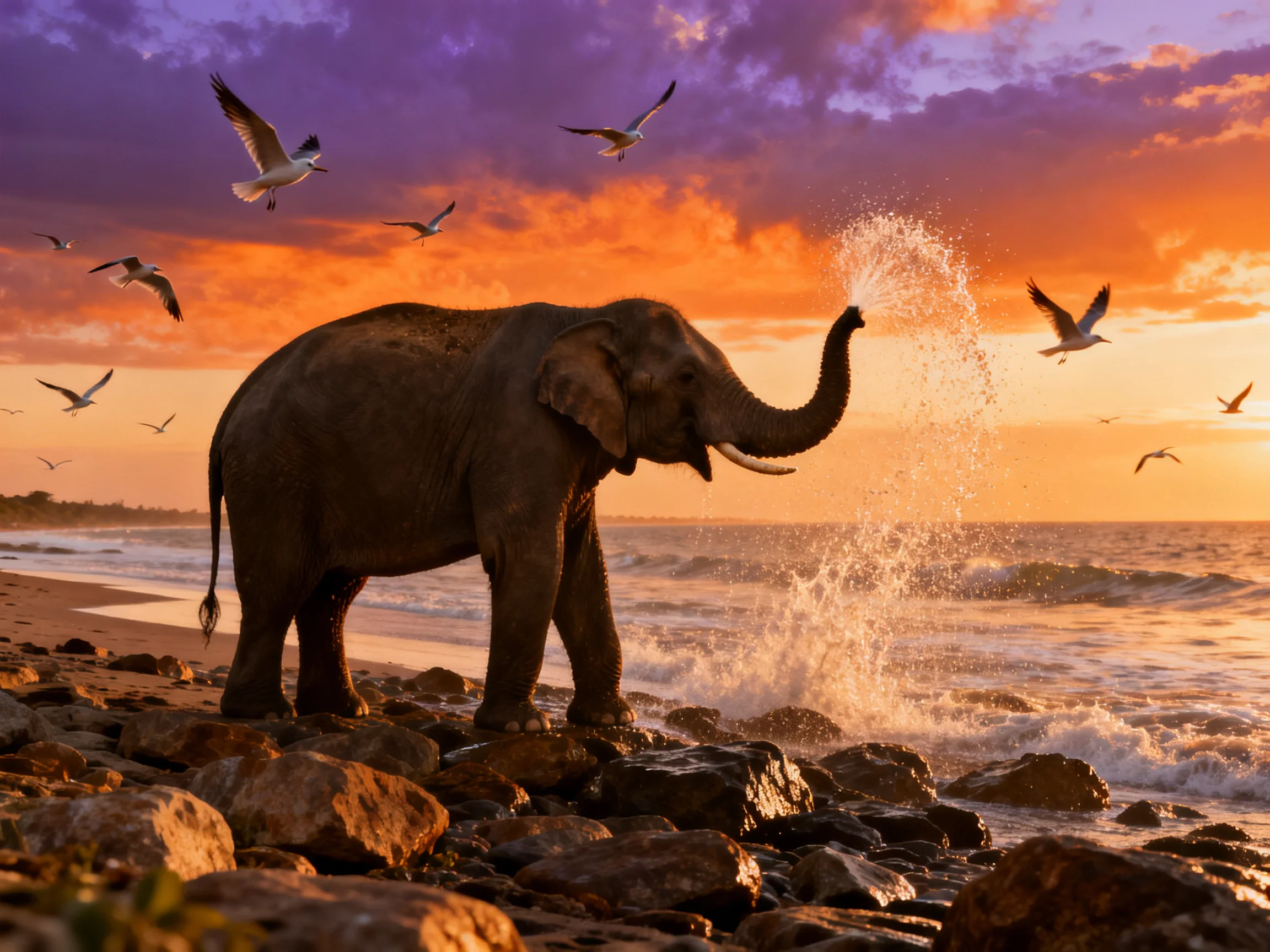 An elephant sprays water on a rocky beach at sunset with seagulls