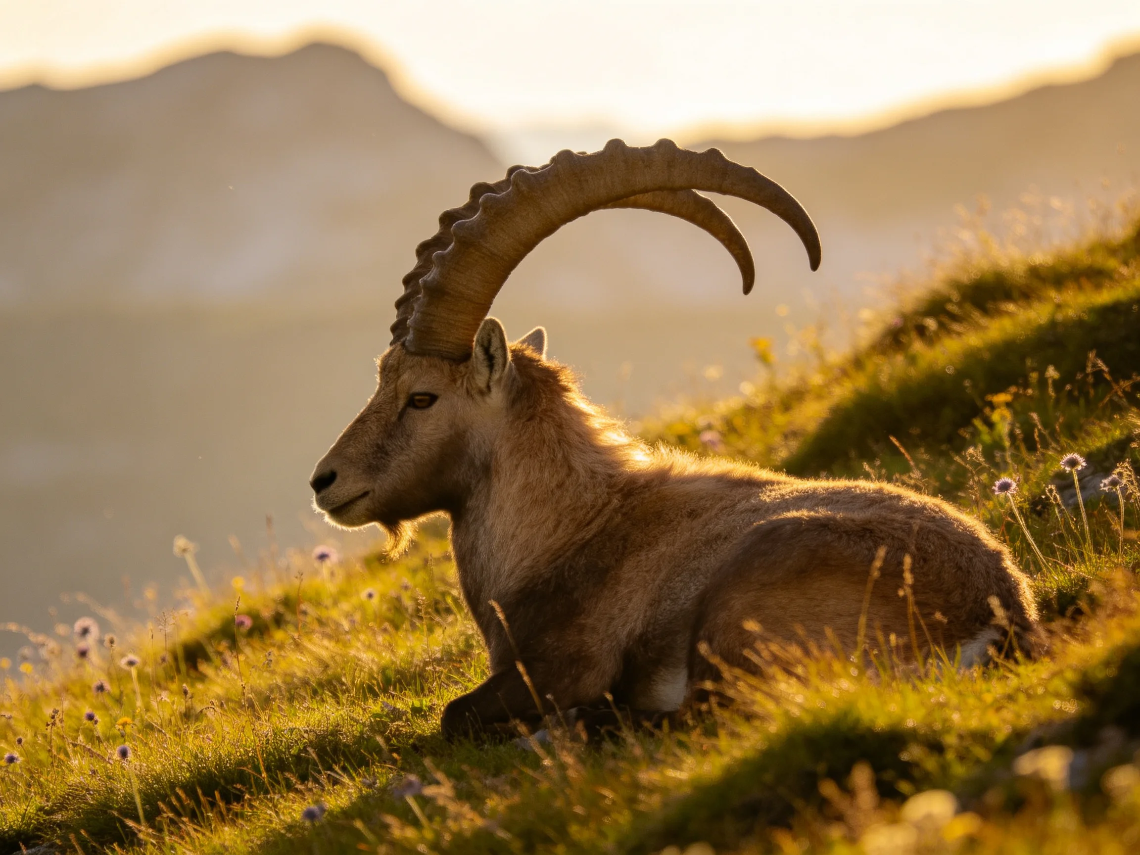An ibex with large curved horns rests on a sunlit grassy slope.