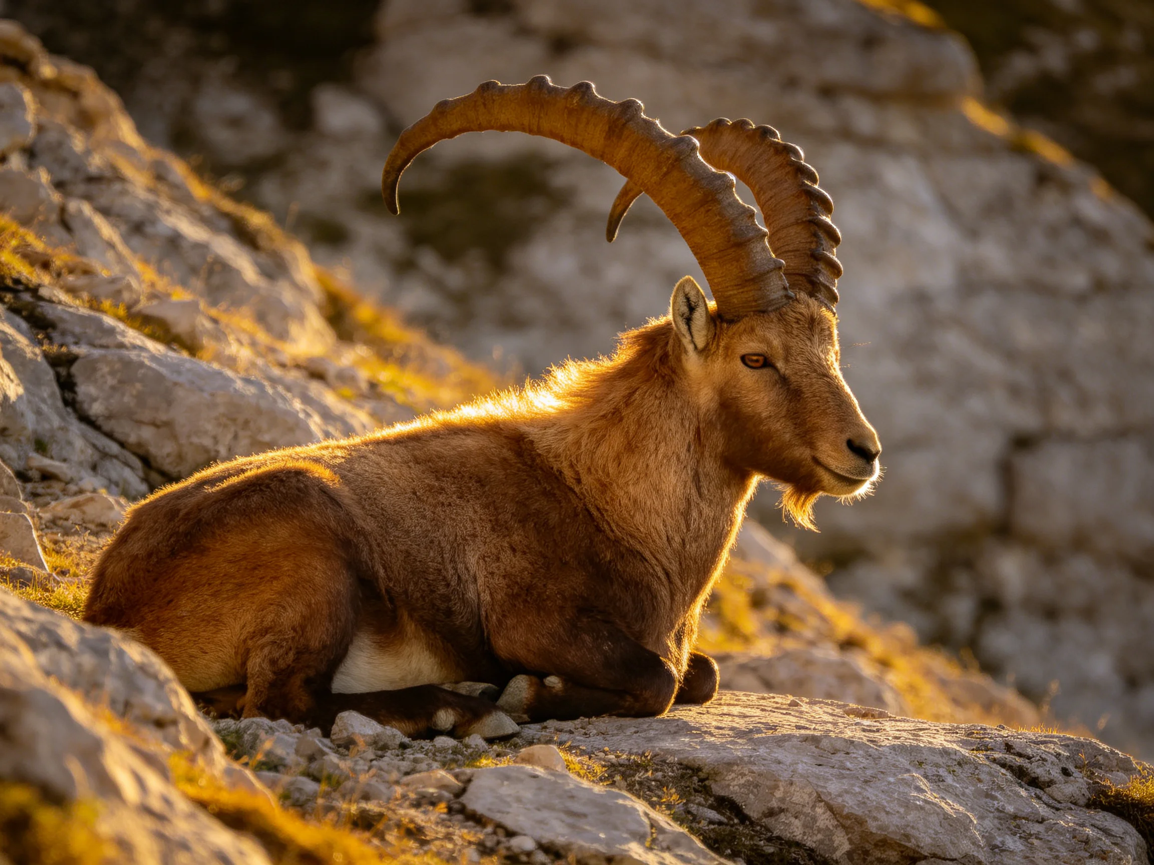 An ibex with large curved horns rests on sunlit rocky terrain
