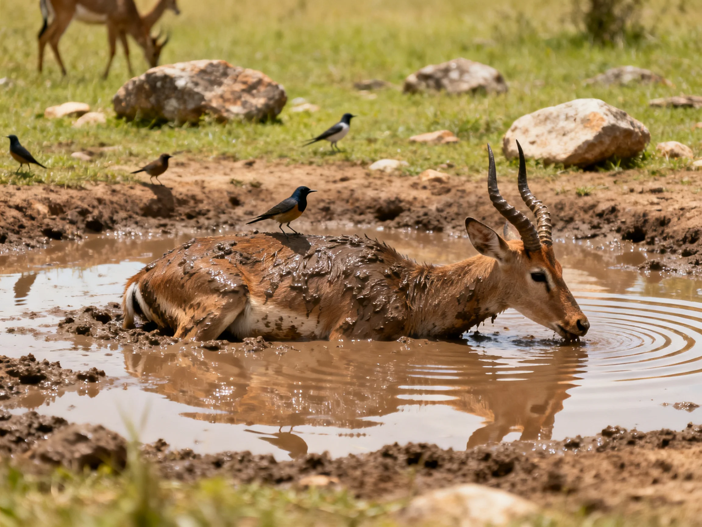 An impala bathing in muddy water with small birds nearby