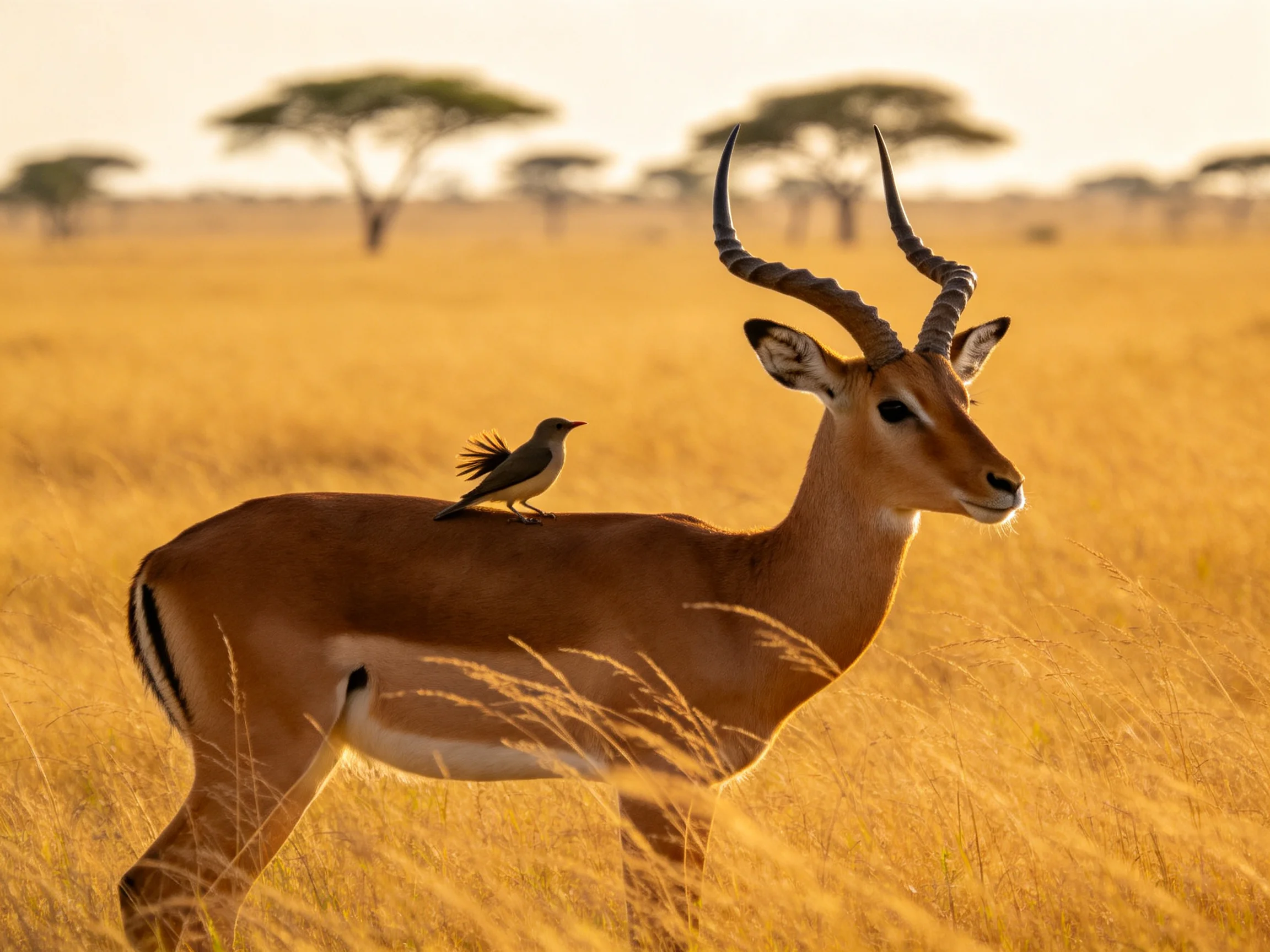 An impala stands in golden savannah with a small bird perched on its back