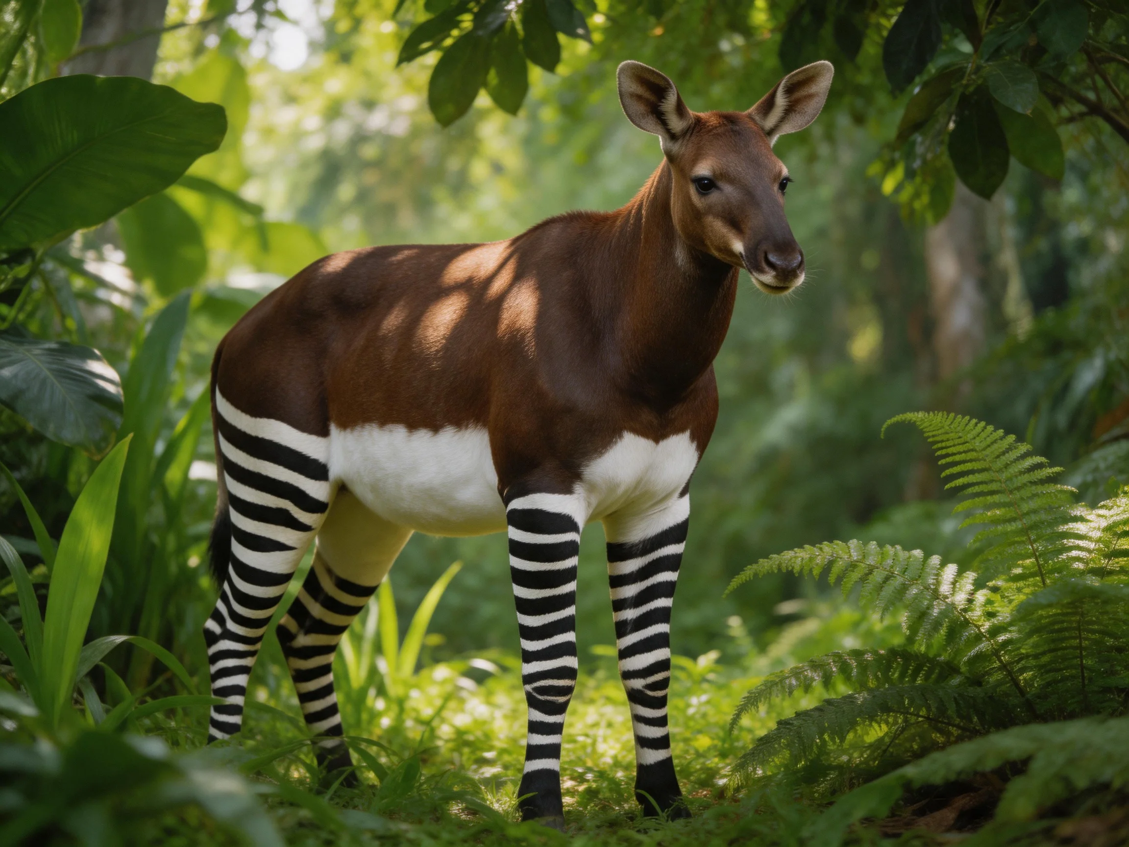 An okapi with brown coat and black-and-white striped legs in lush greenery
