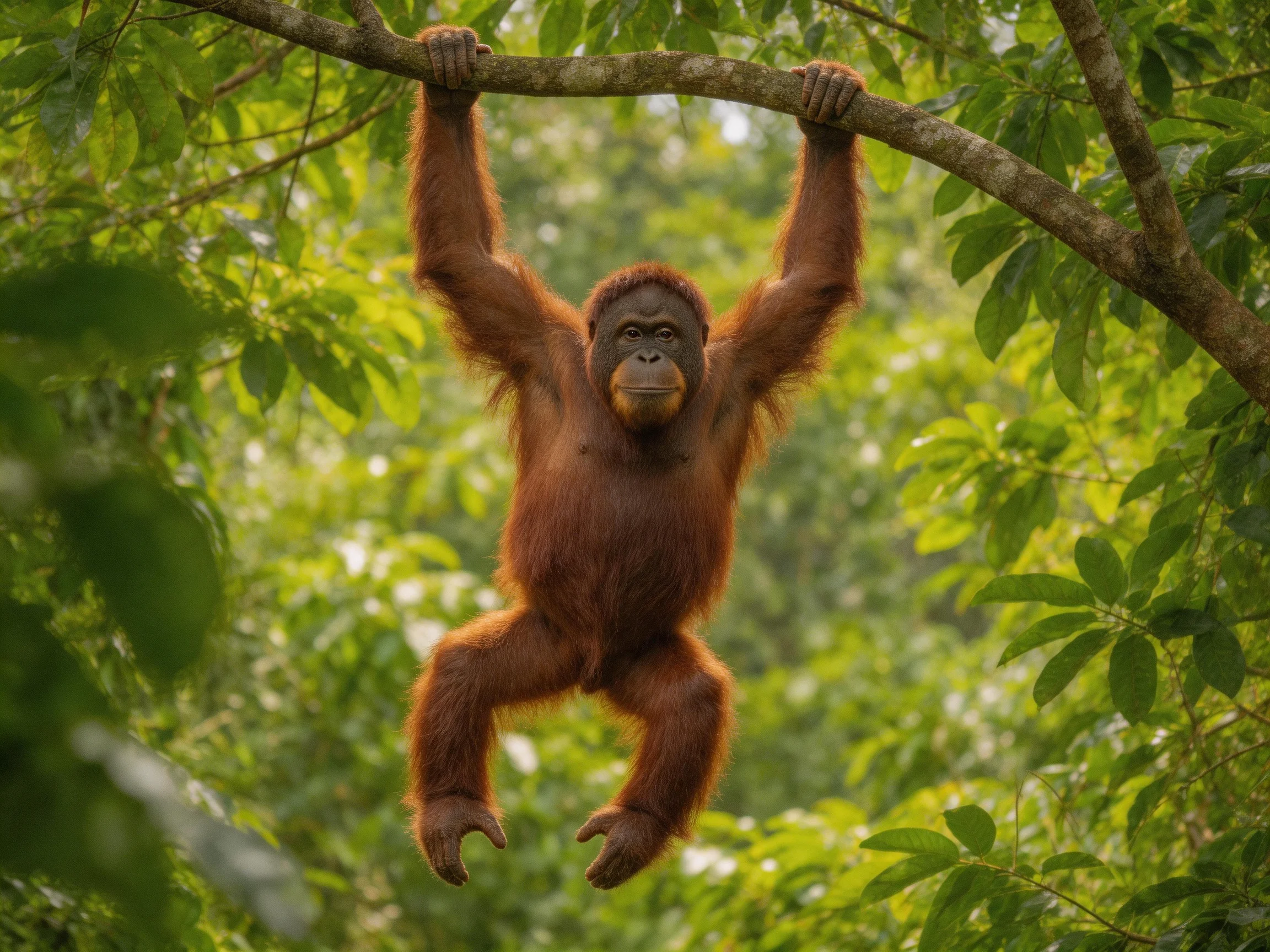 An orange-furred orangutan hangs from a thick tree branch