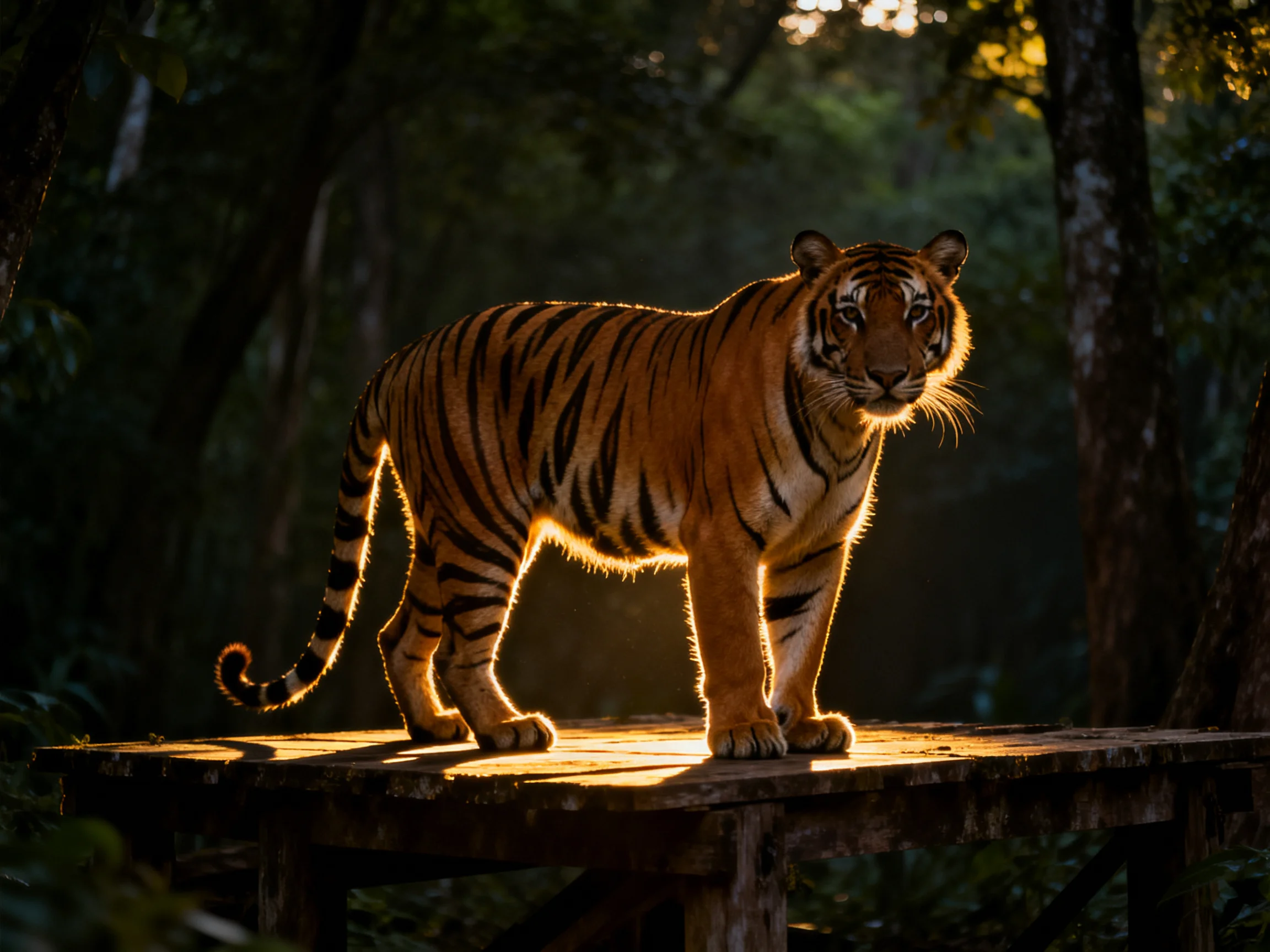 An orange tiger stands on a wooden platform in a dark forest.