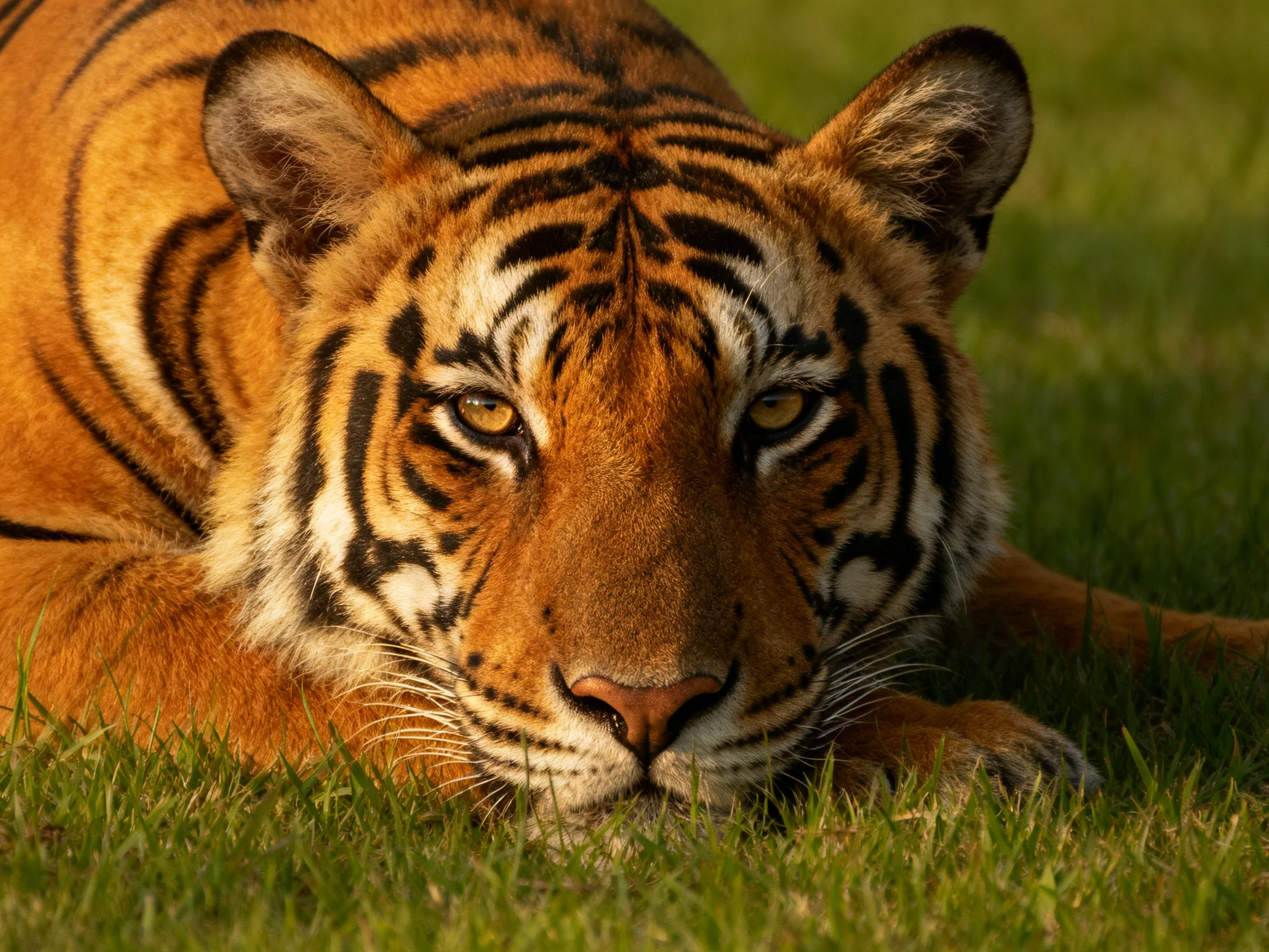 An orange tiger with bold black stripes rests on green grass.