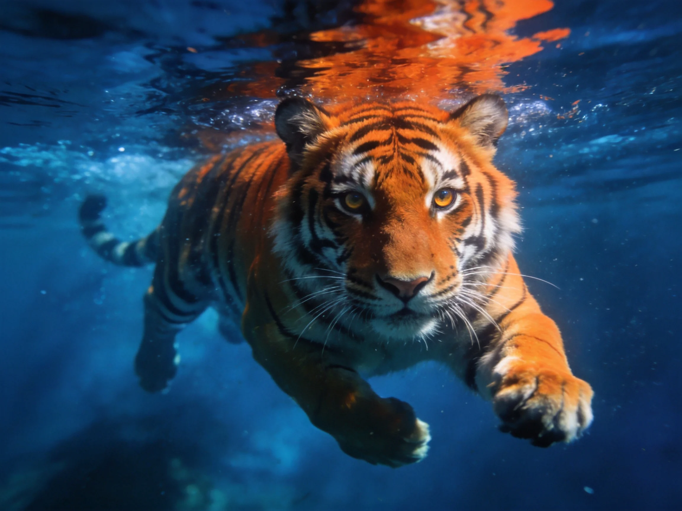 An orange tiger with bold black stripes swims in deep blue water