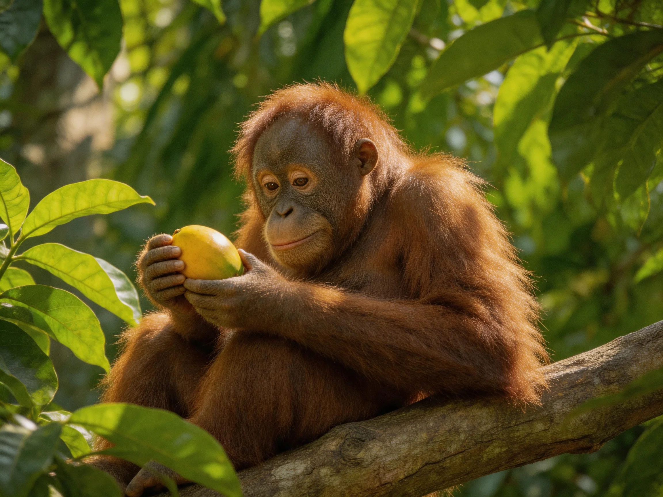 An orangutan holding a yellow fruit on a tree branch in lush greenery
