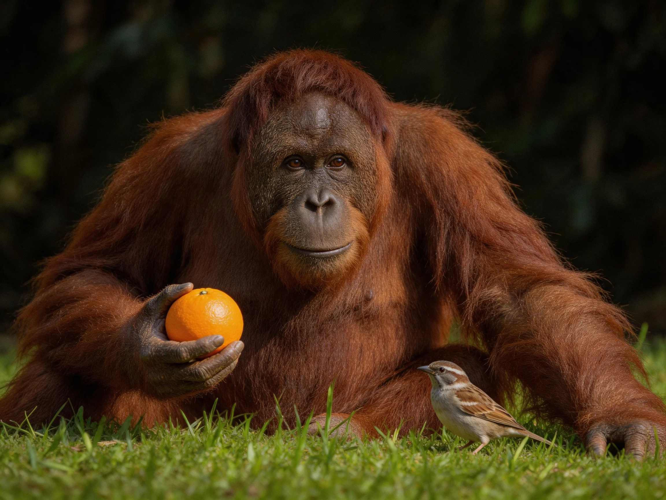 An orangutan holds an orange near a small bird on lush grass