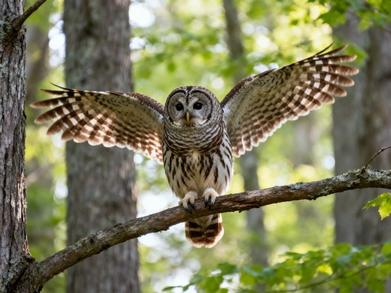 Barred owl spreads wings on forest branch amid green foliage