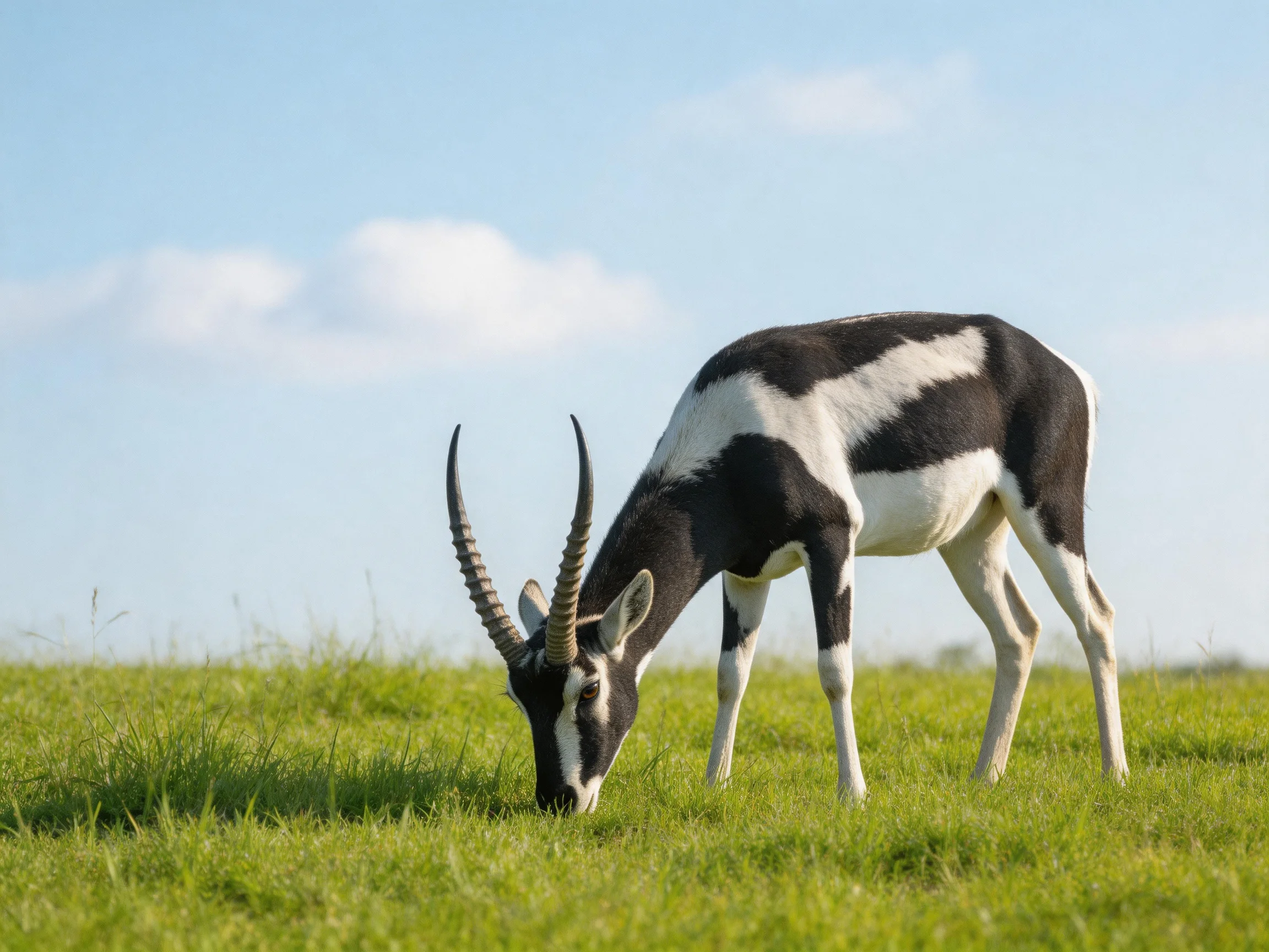 Black-and-white antelope grazing in a lush green meadow