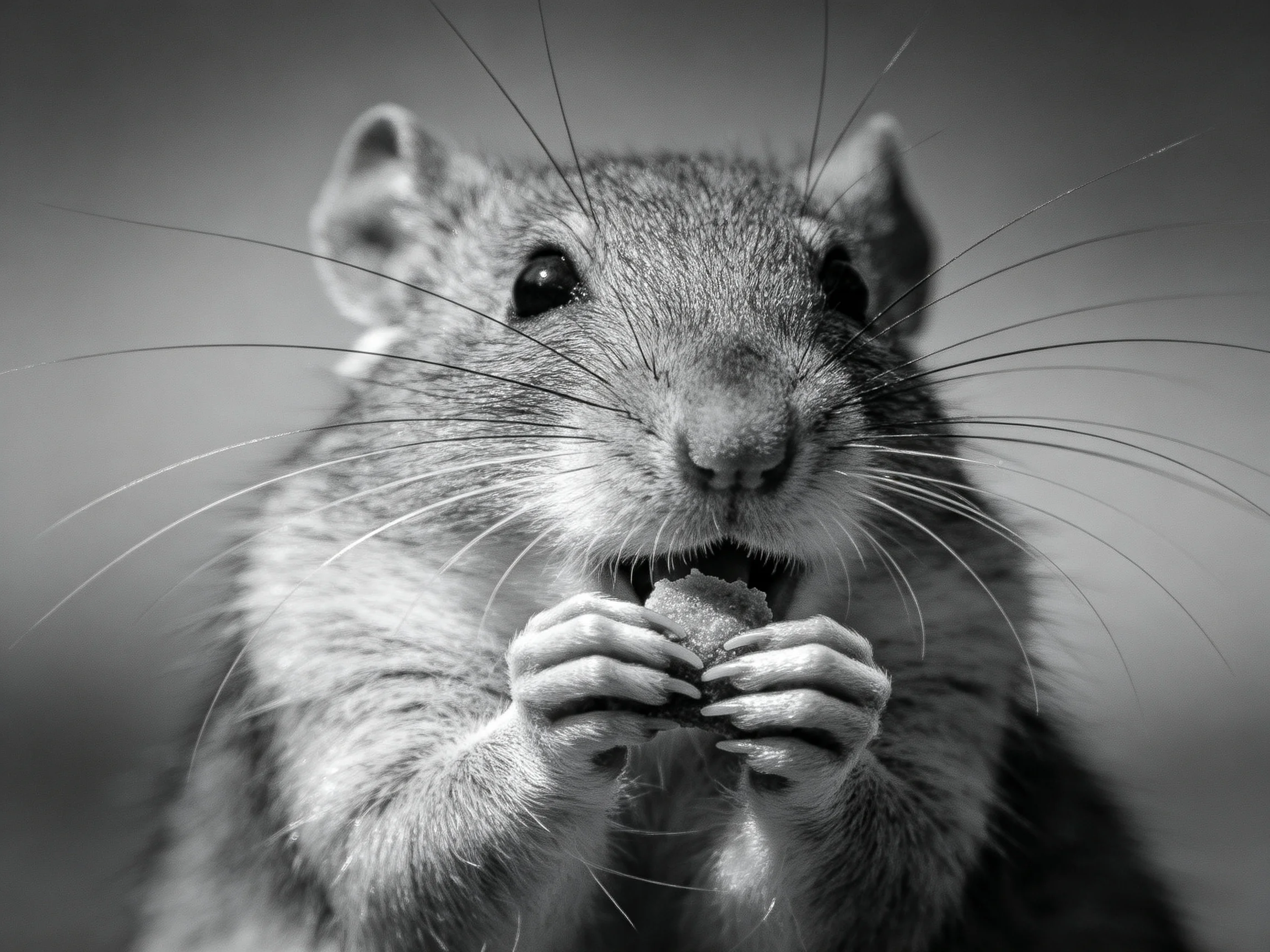 A small rodent eats food in a black-and-white photograph.