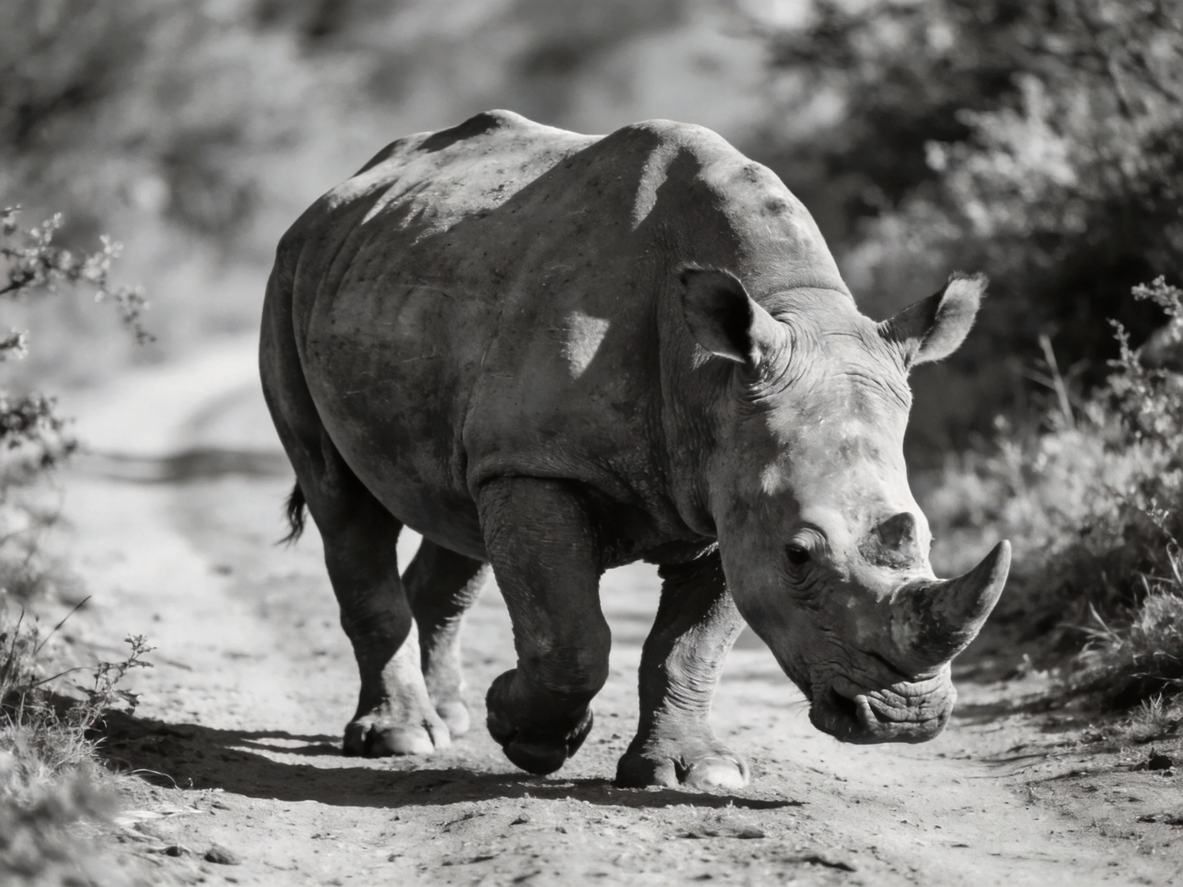 Black-and-white image shows a rhinoceros walking on a dirt path.