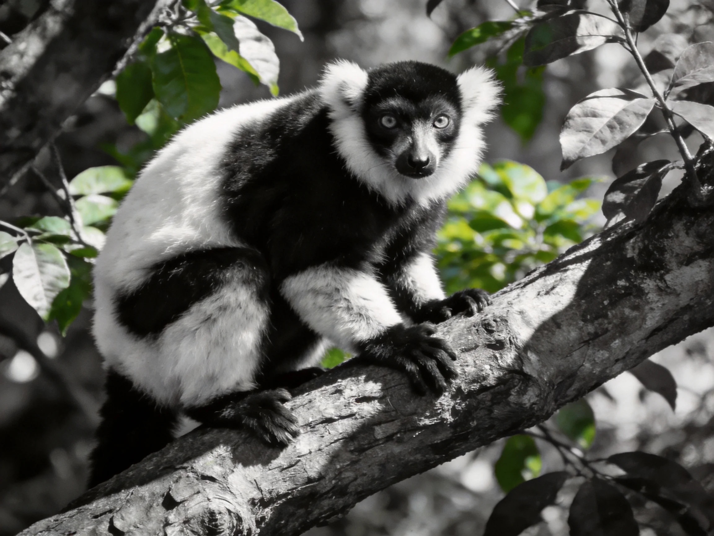 Black and white lemur perched on a gnarled tree branch