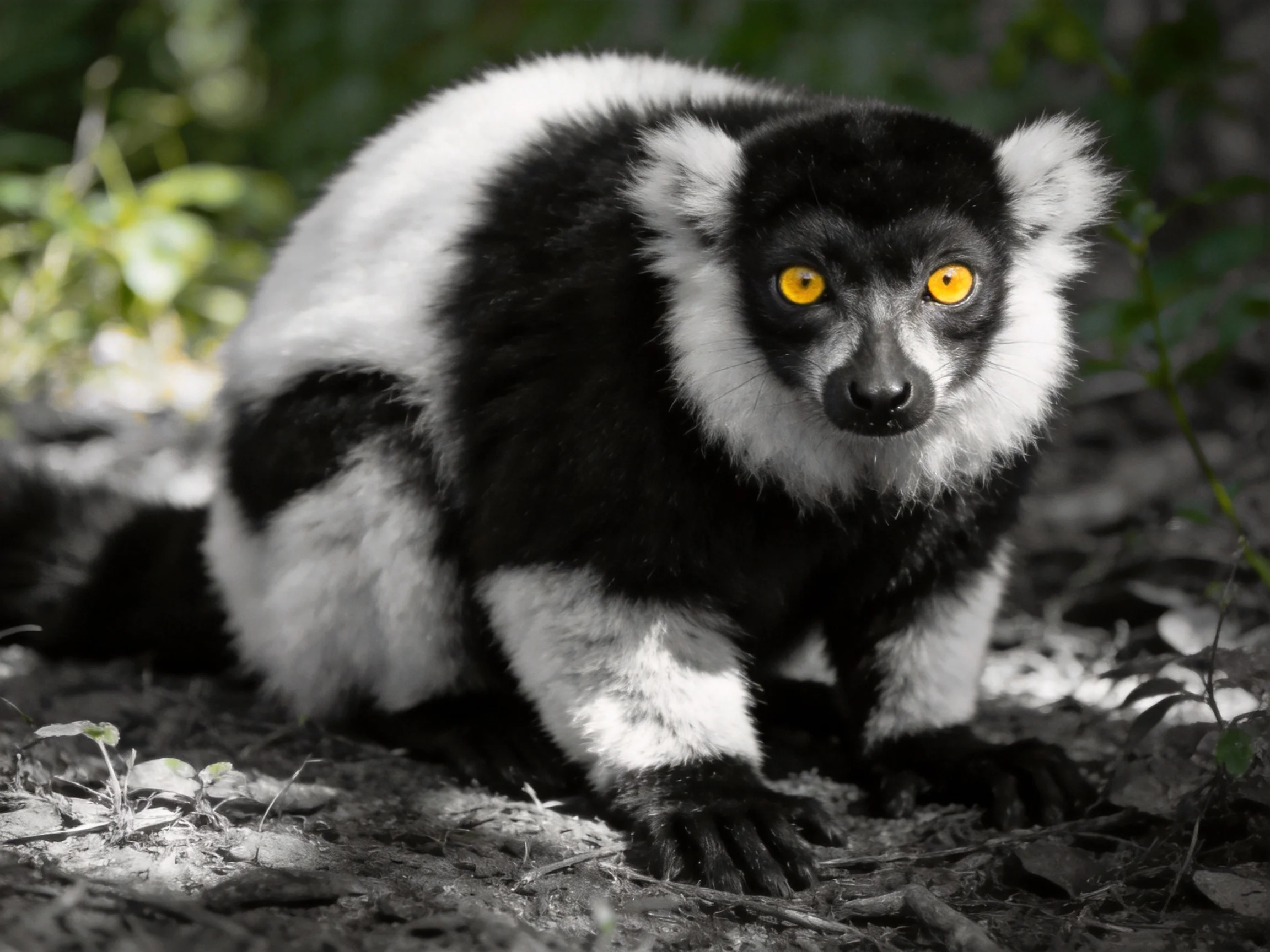 A black and white ruffed lemur gazes directly forward amid foliage