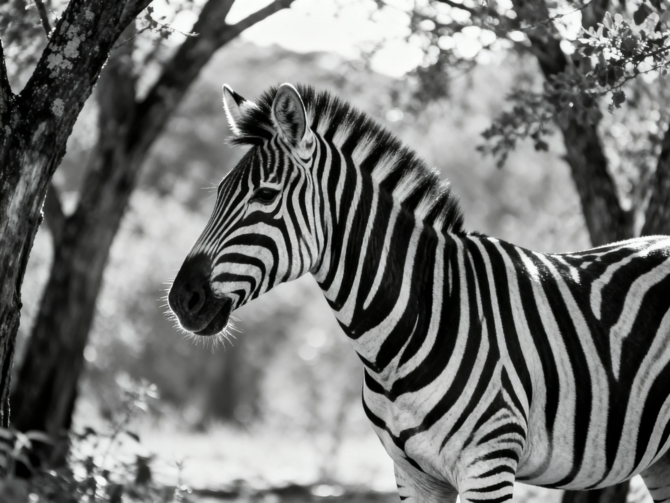 A black and white striped zebra stands near trees in a forest.