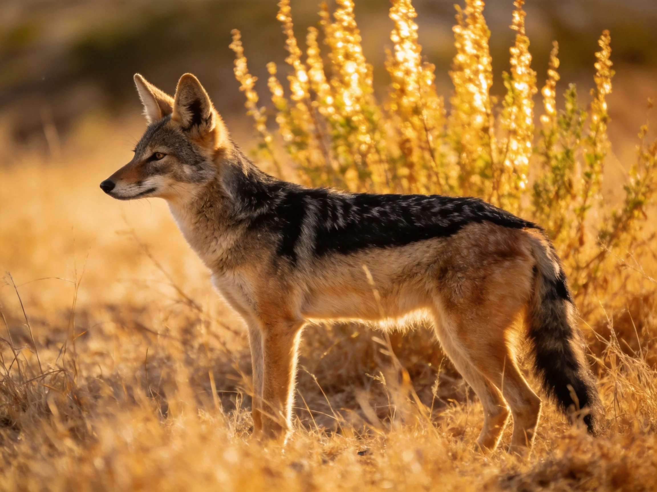 Black-backed fox in golden grassland with yellow wildflowers