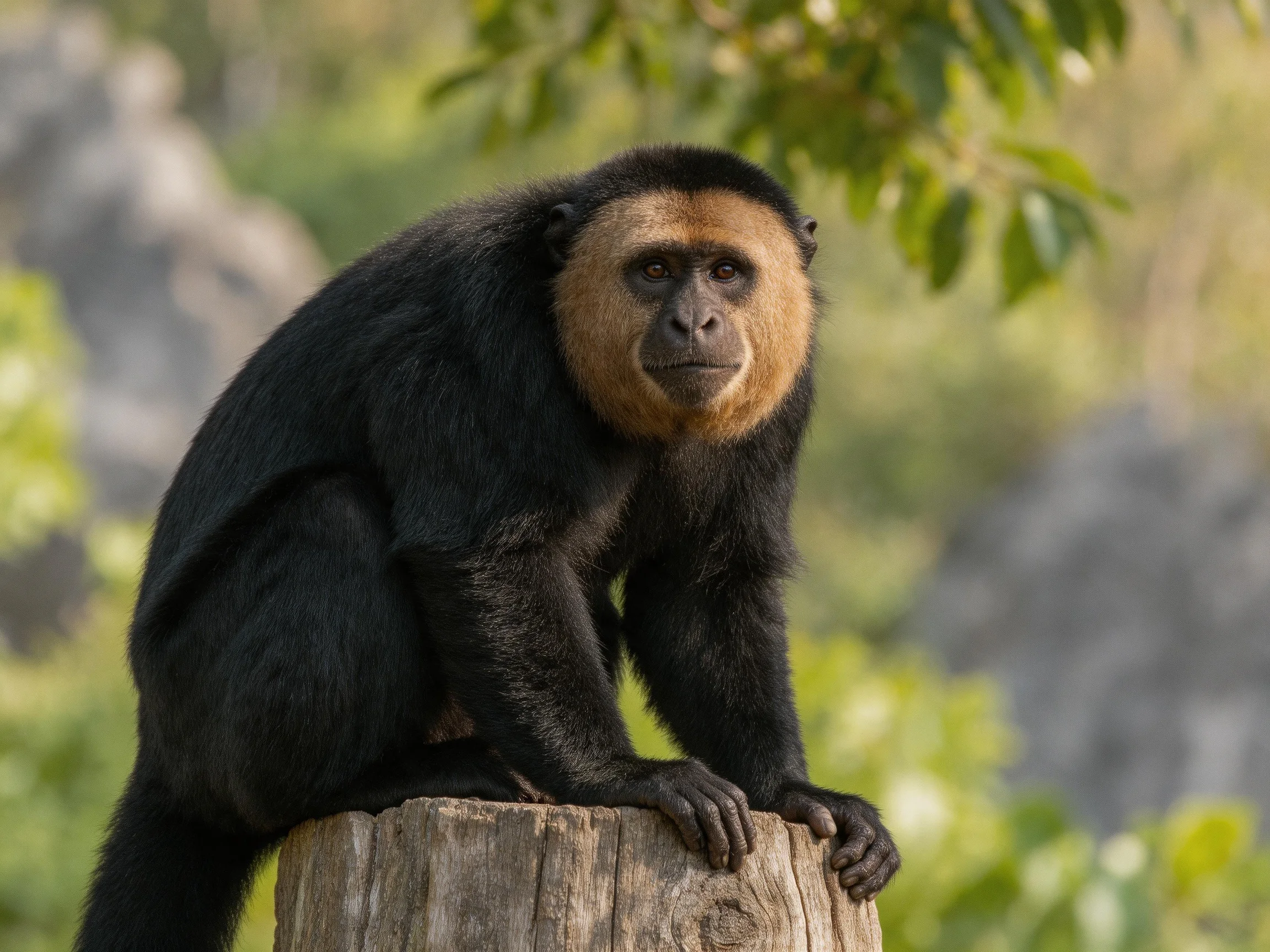 Black-furred monkey with tan face on weathered tree stump