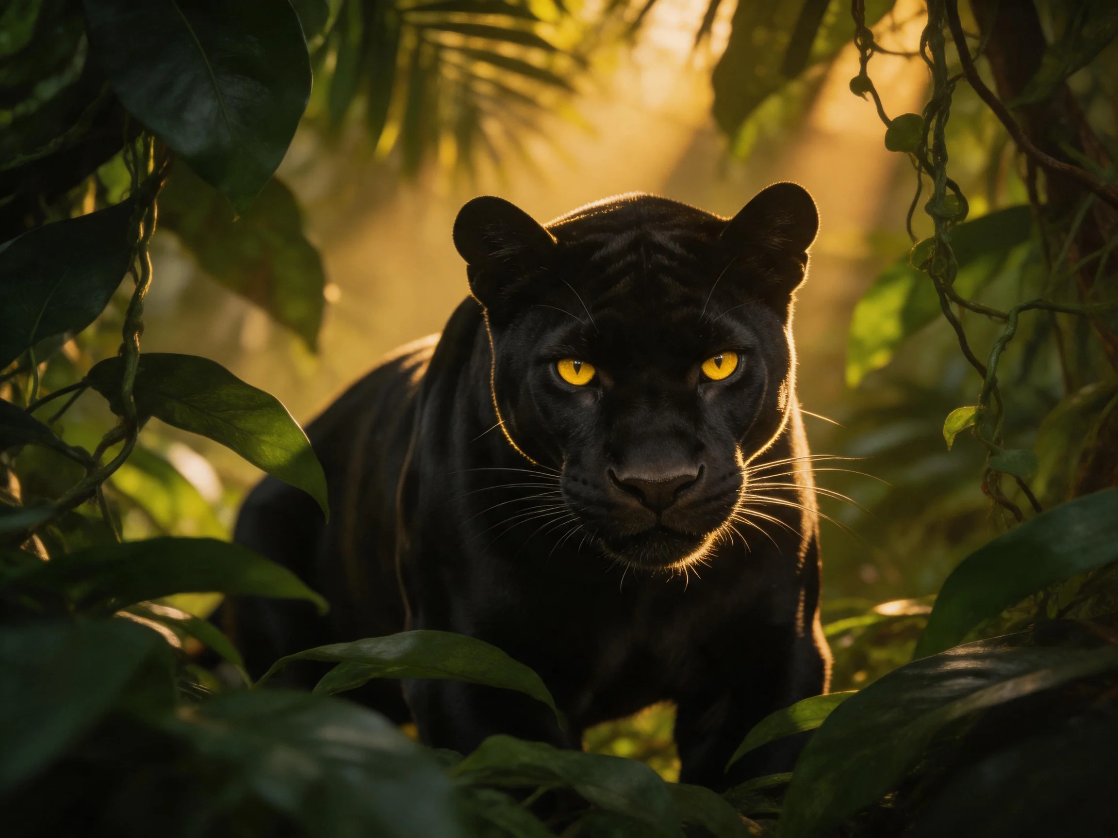 Black panther with bright eyes stands among lush jungle plants.