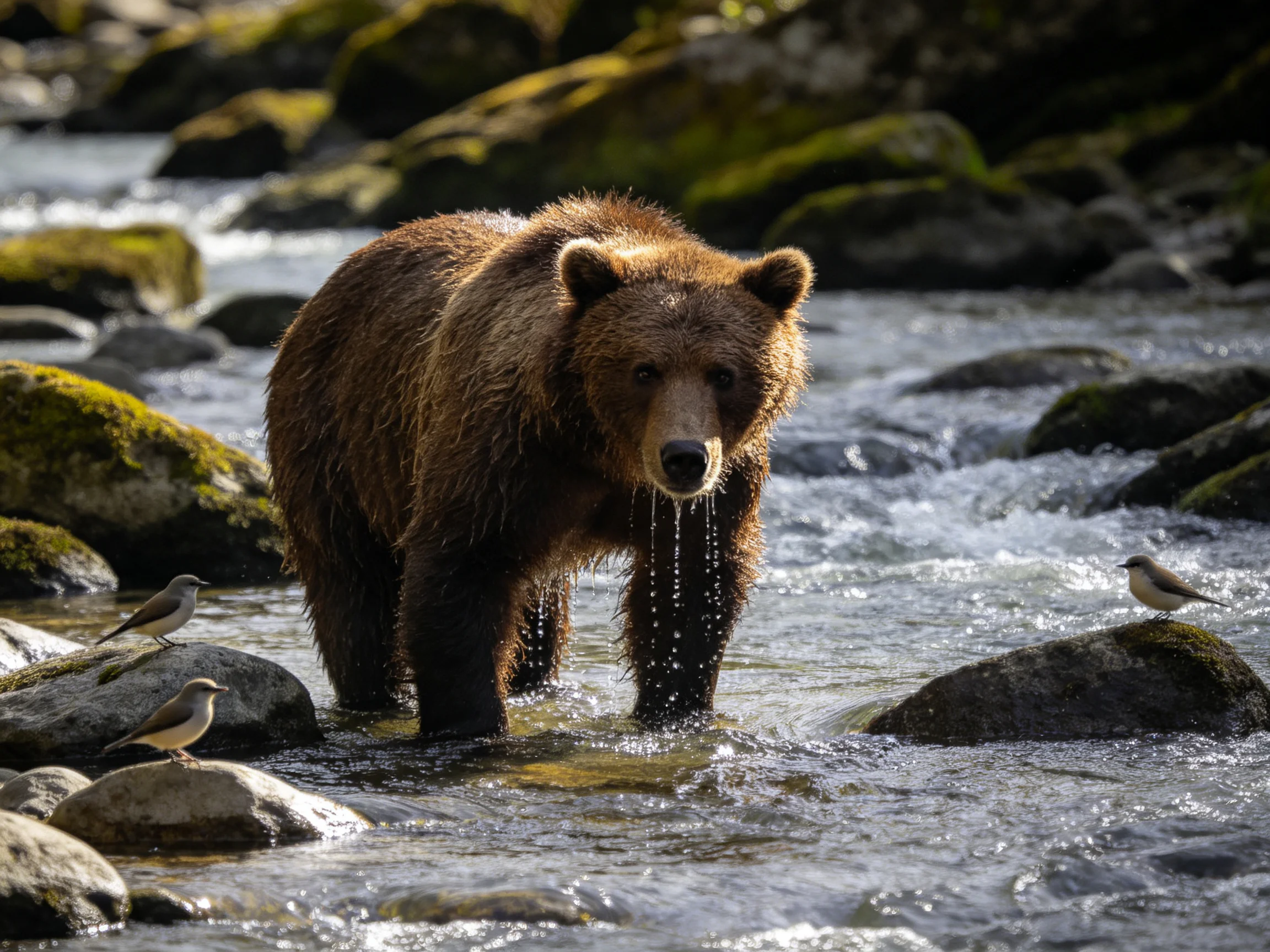 A brown grizzly bear moves through a rocky stream with small birds nearby.