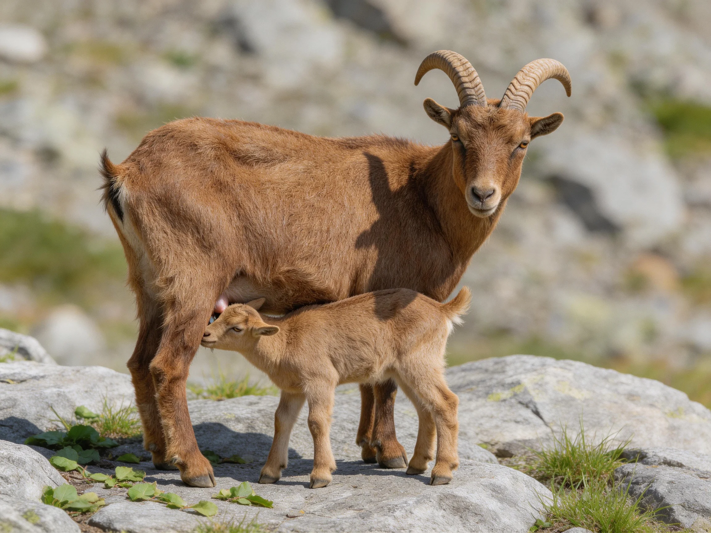 Brown adult goat nurses young goat near rocky terrain