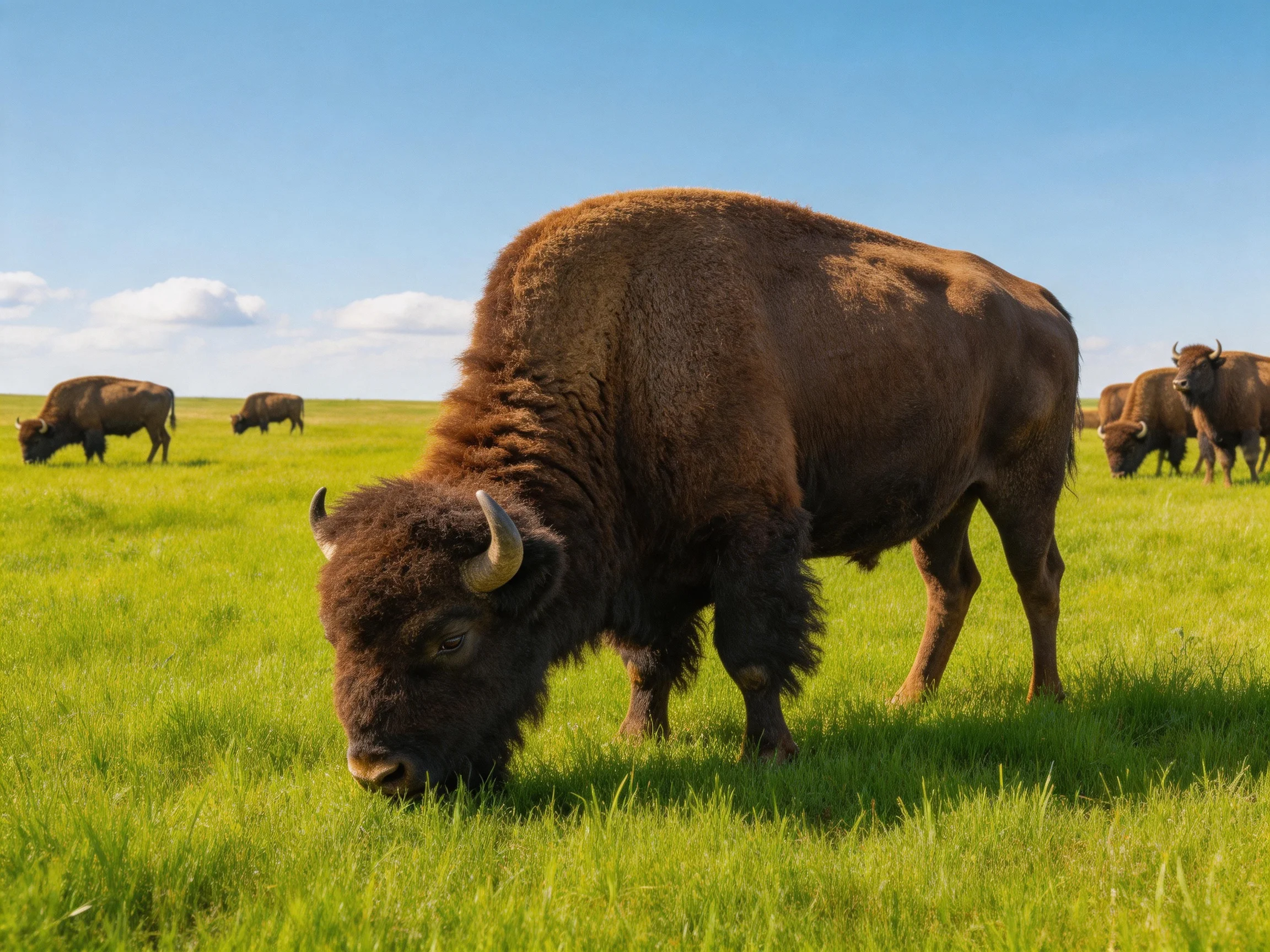 Brown bison graze in a lush green meadow under a clear blue sky