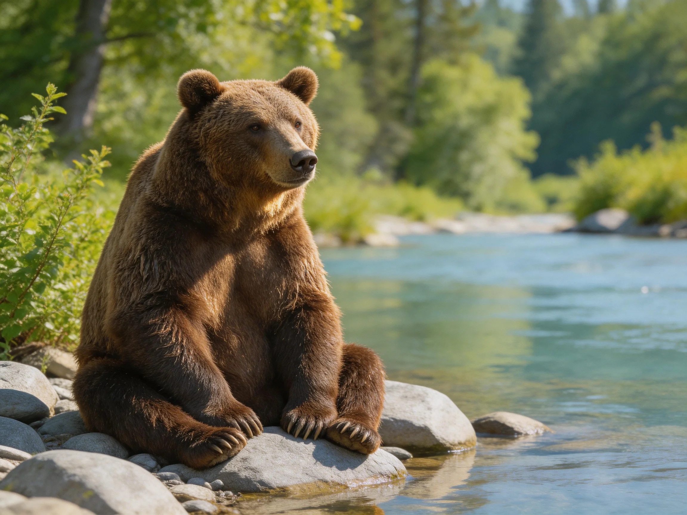 Brown grizzly bear sitting by a clear river on rocky terrain