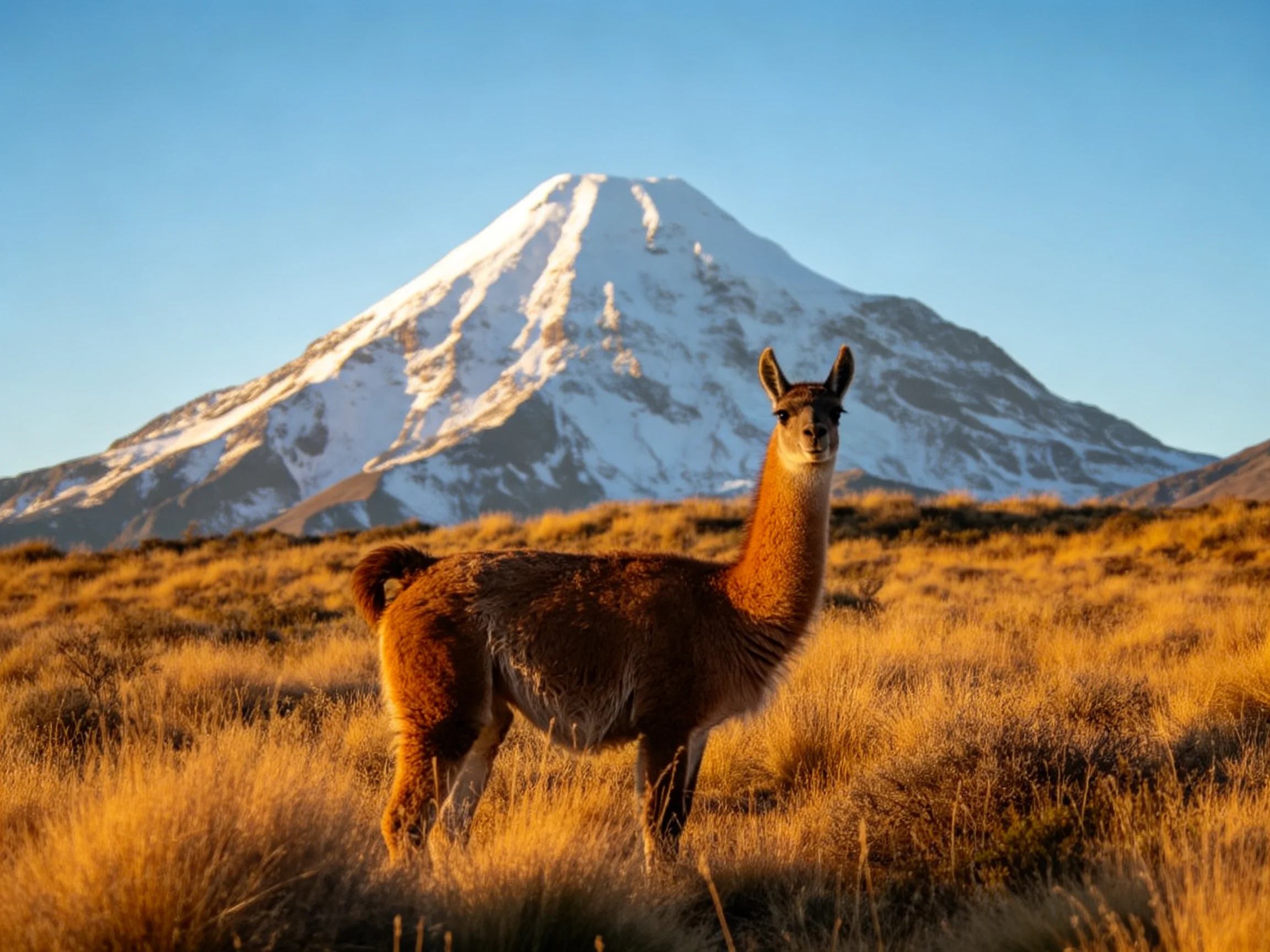 A brown guanaco stands in golden grass with a snow - capped mountain behind.