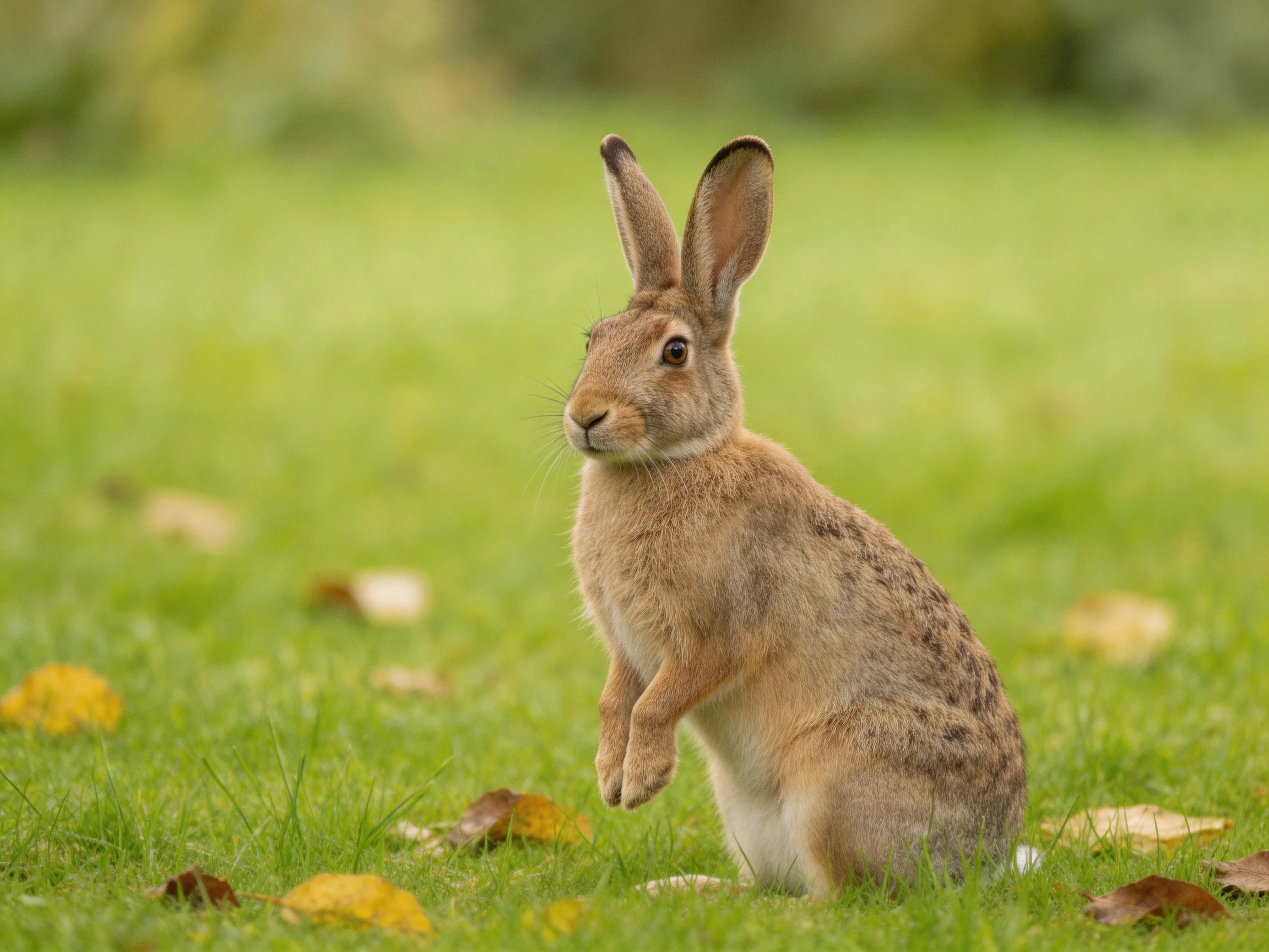 A brown hare sits alertly on a grassy field dotted with fallen leaves.