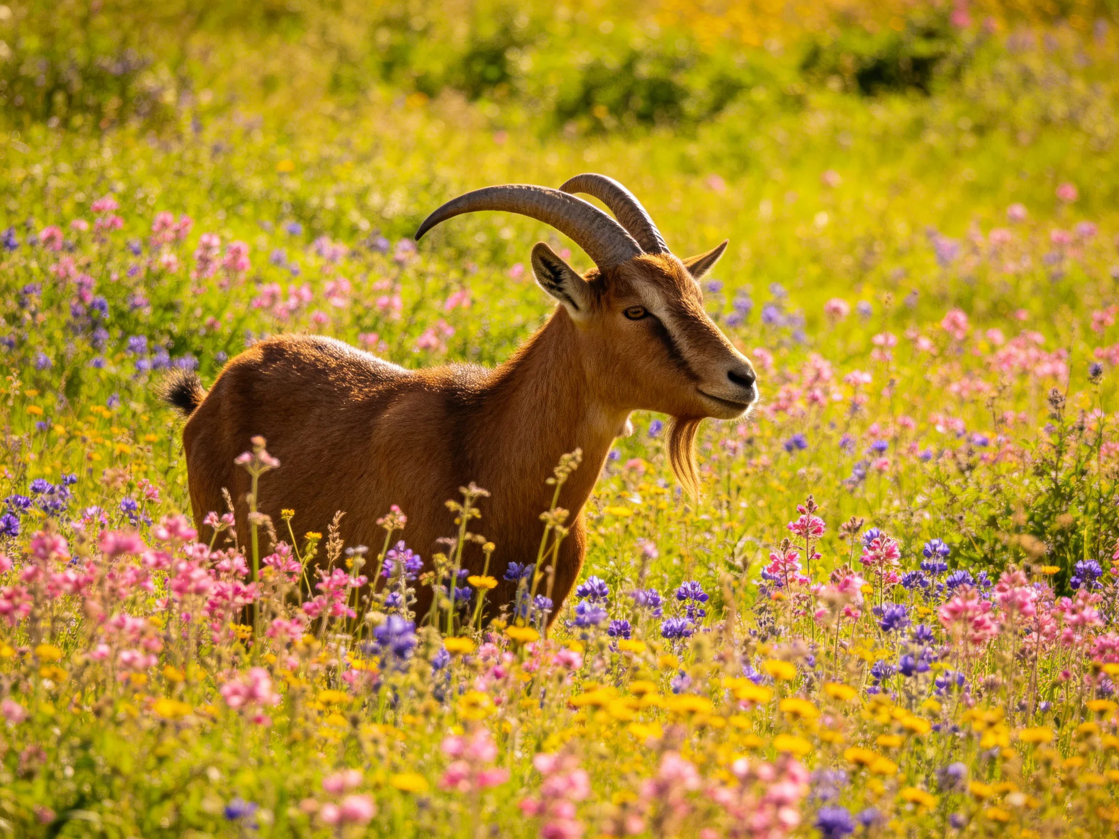 A brown horned goat stands among colorful wildflowers in a sunlit meadow.
