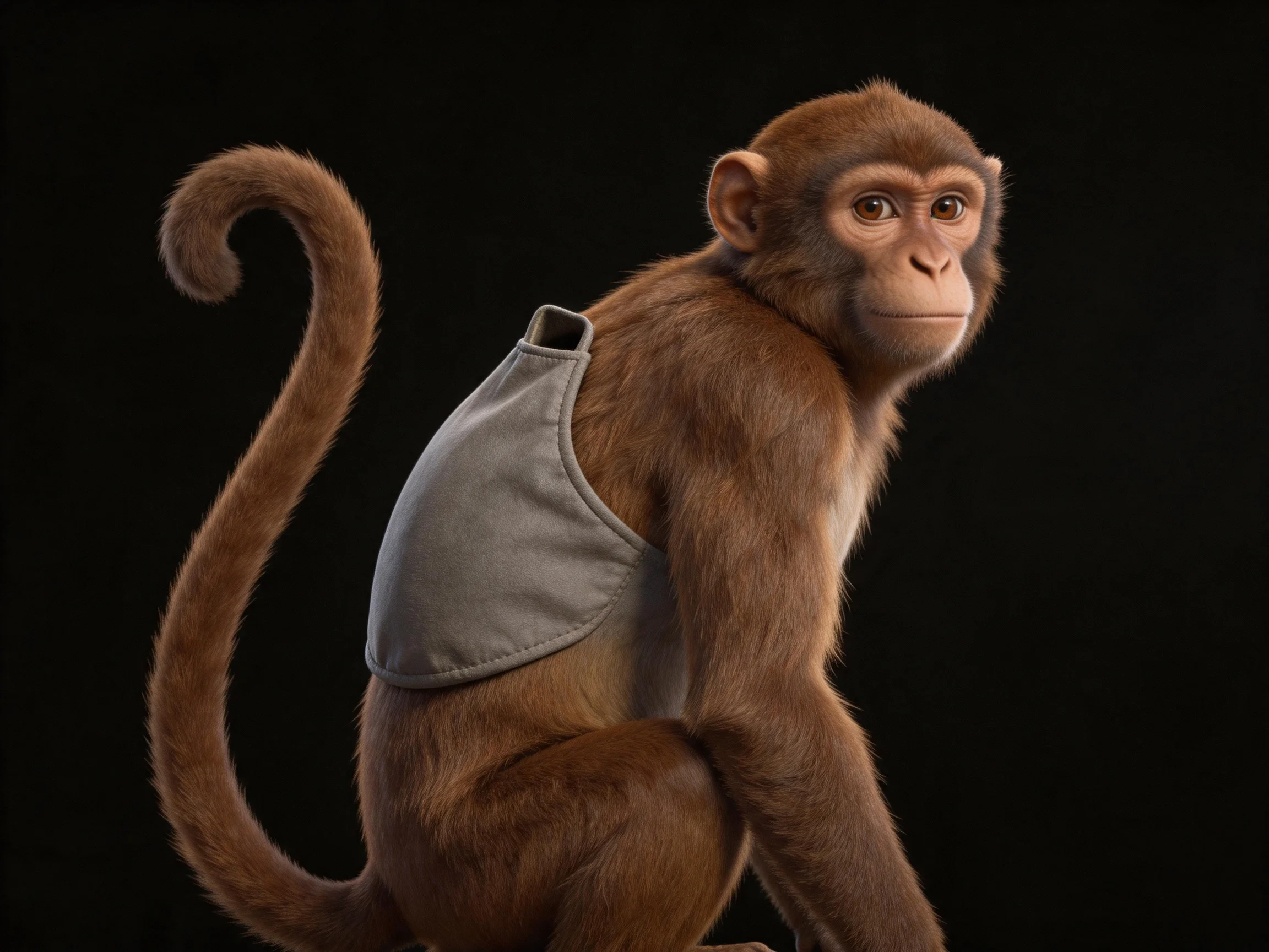 Brown monkey in gray vest posed against a black backdrop