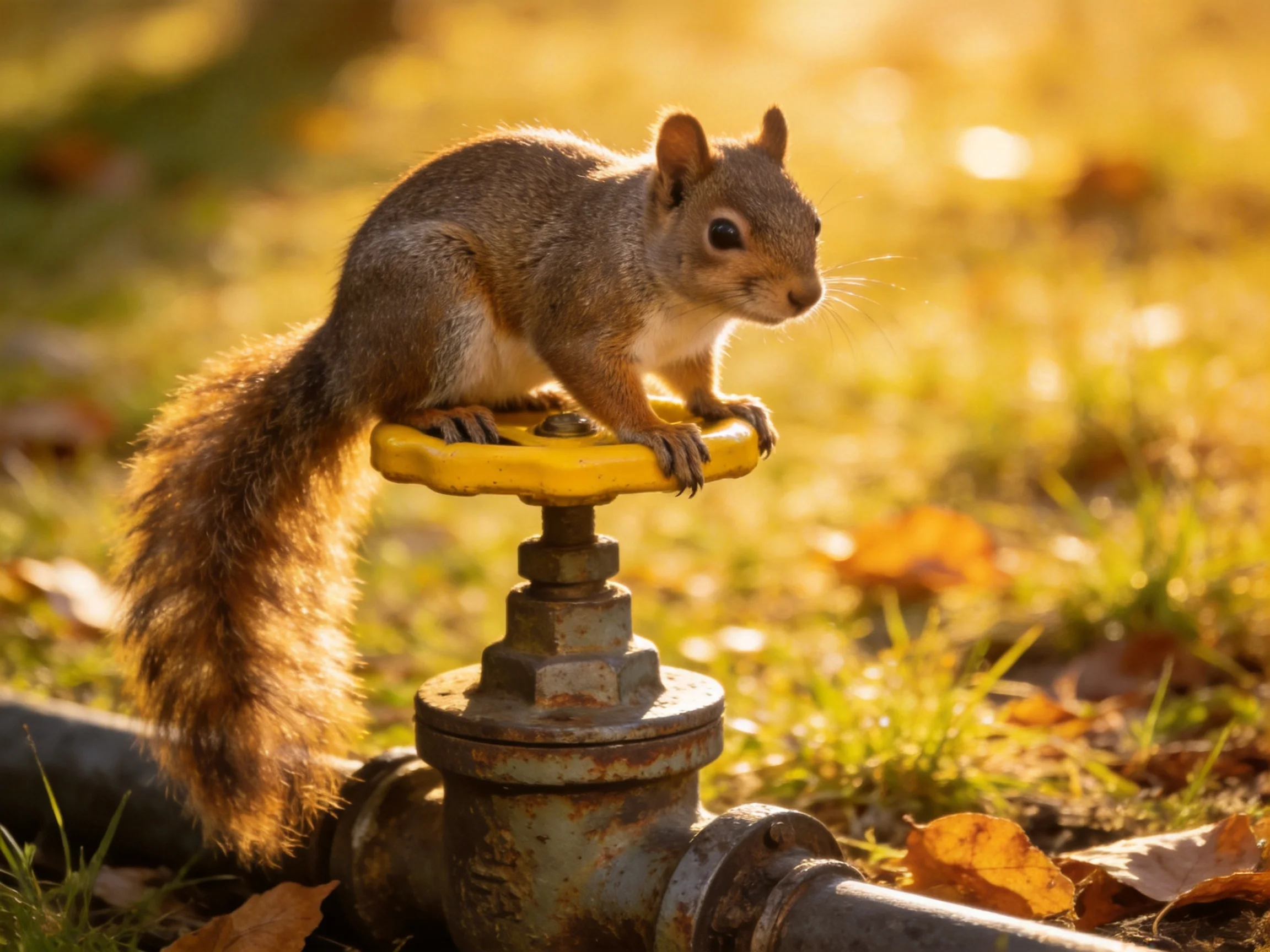 Brown squirrel on yellow valve in autumnal outdoor scene