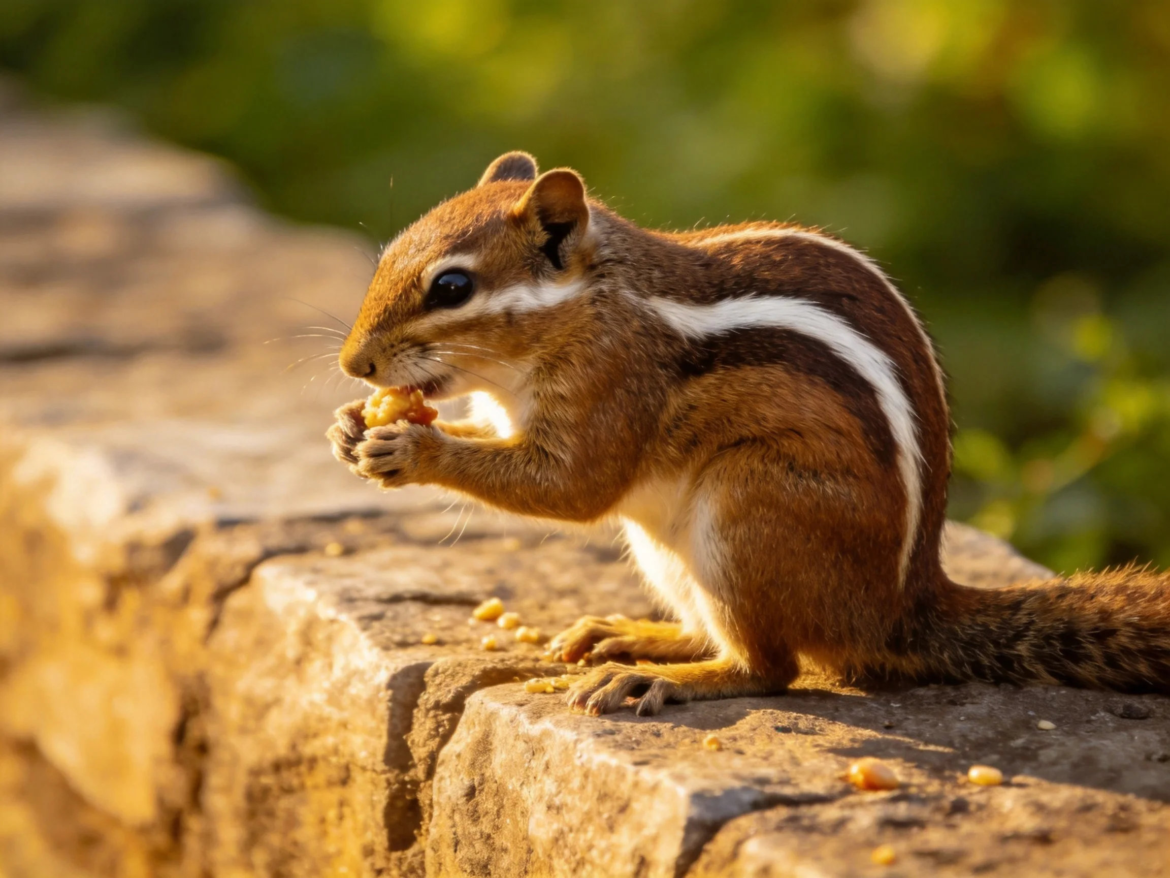 Brown-striped squirrel eating nuts on a weathered stone ledge