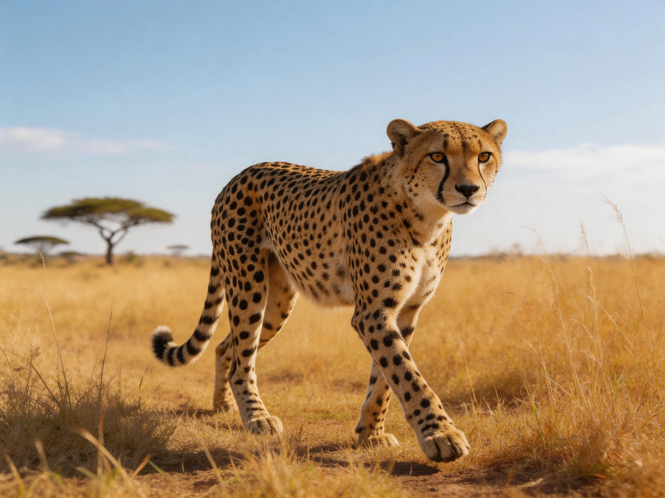 Cheetah walks through golden savannah grasses beneath bright blue sky