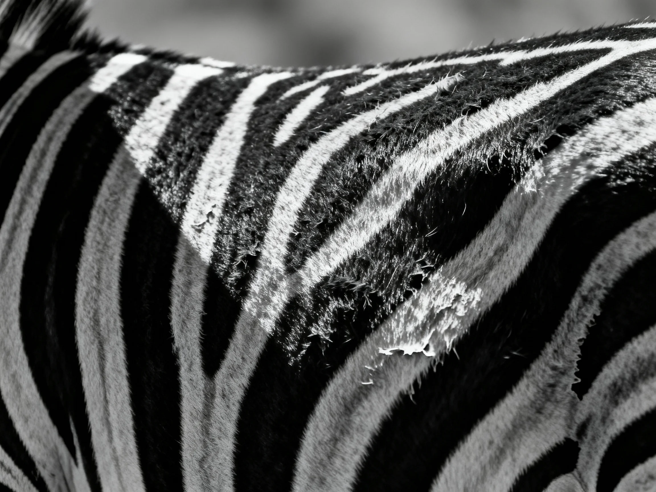 Close - up shows zebras black and white striped coat.