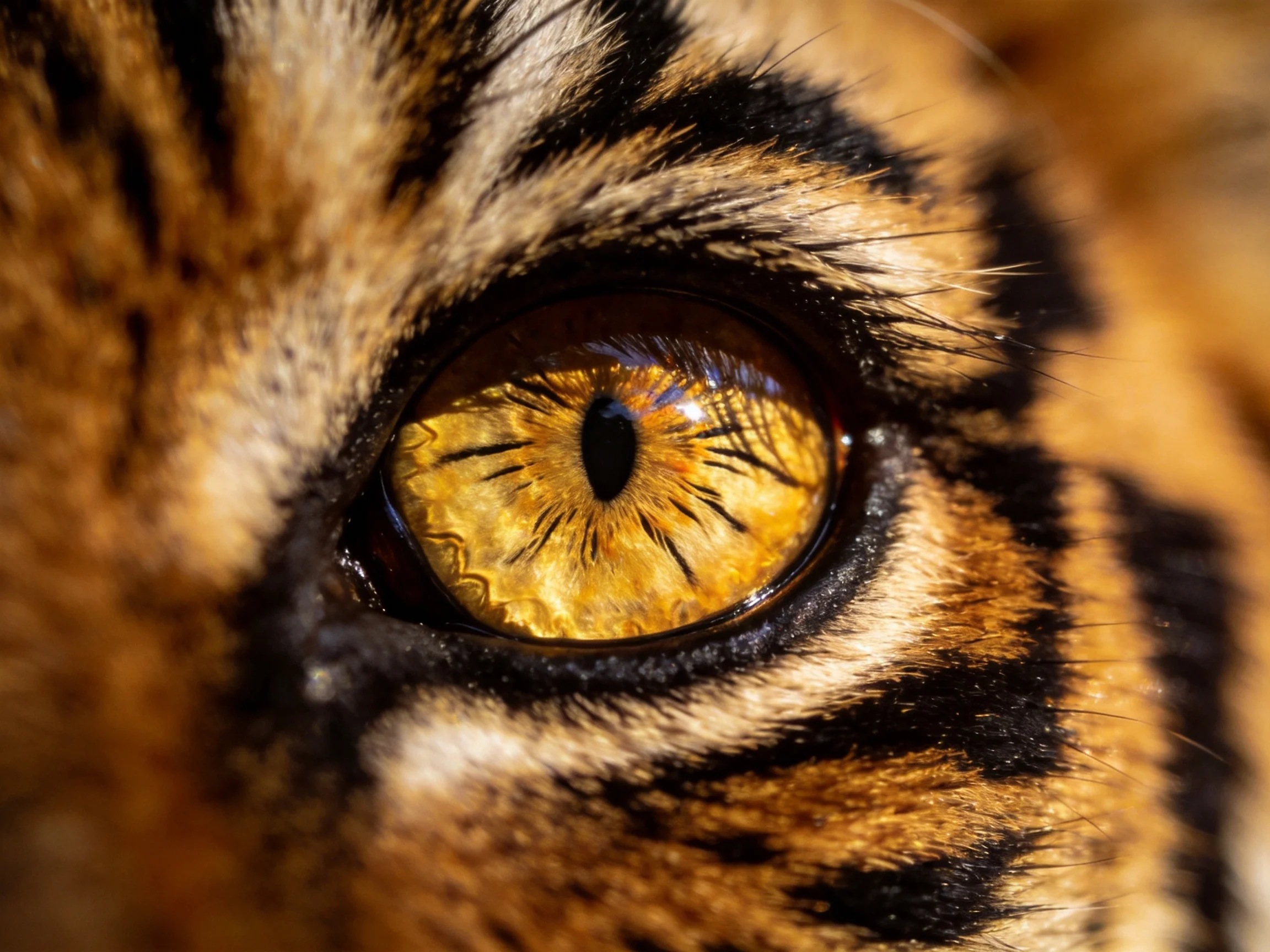 Close - up golden tiger eye with bold black stripes