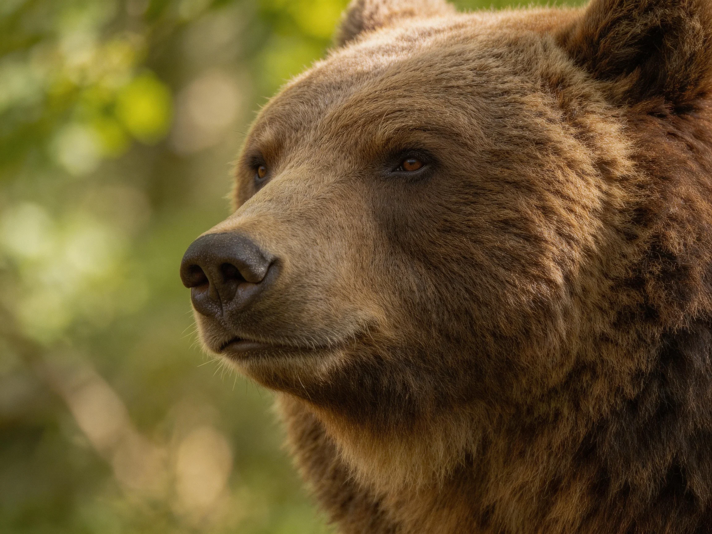 Close - up of a brown bear in sunlit forest