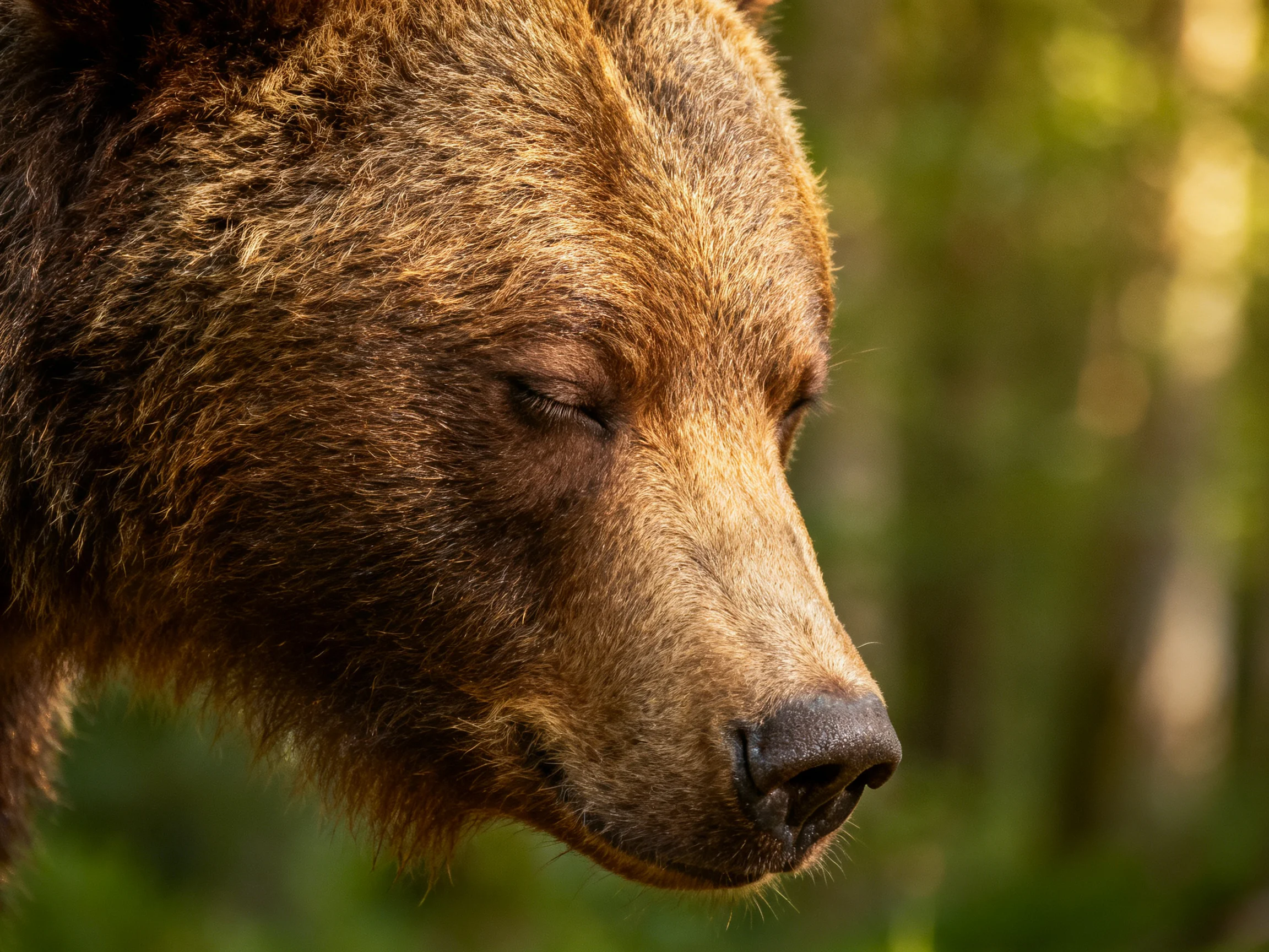 Close - up of a brown bear with textured fur in a blurred green forest