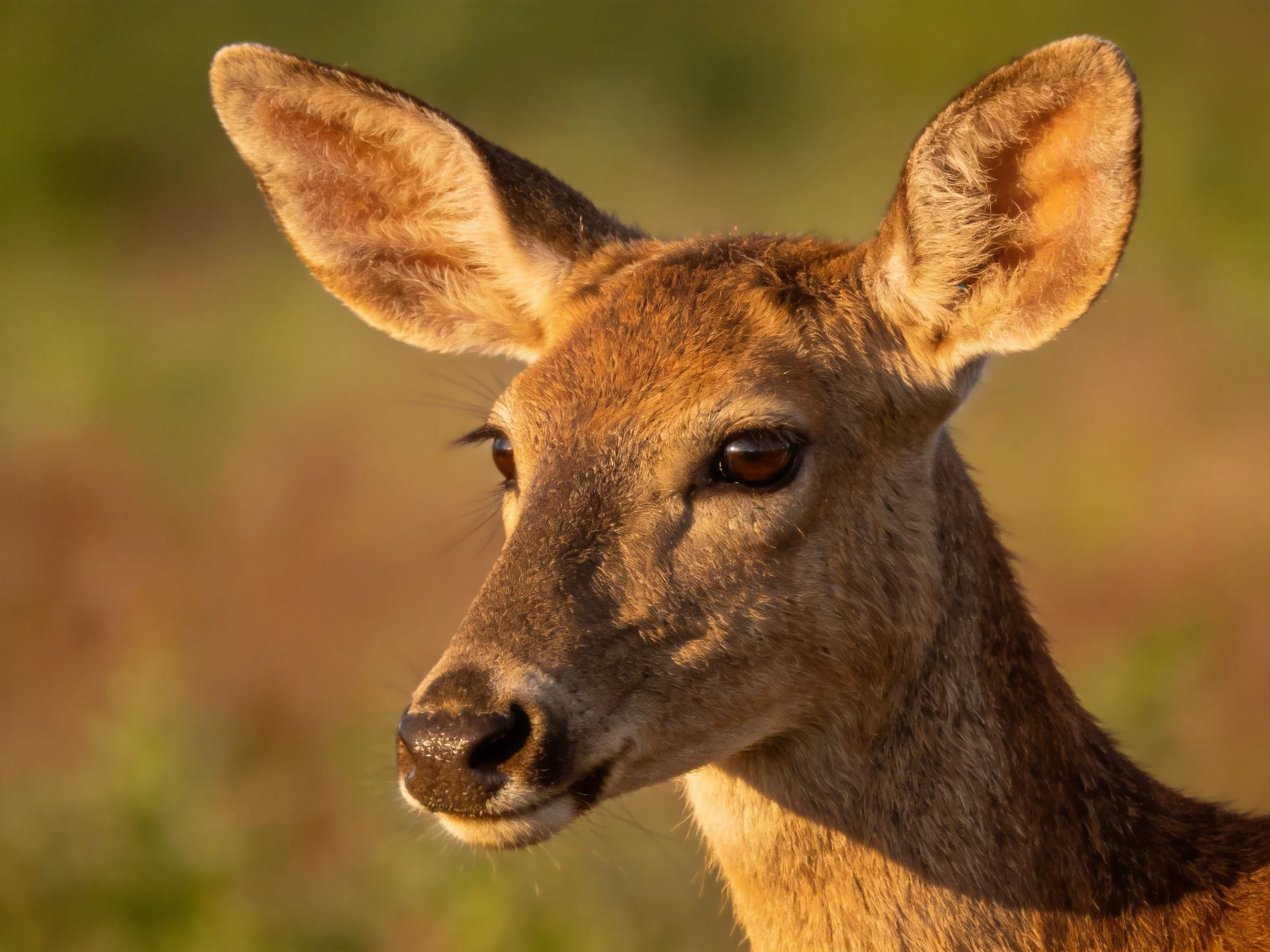 A close - up of a brown deer with large ears in nature.