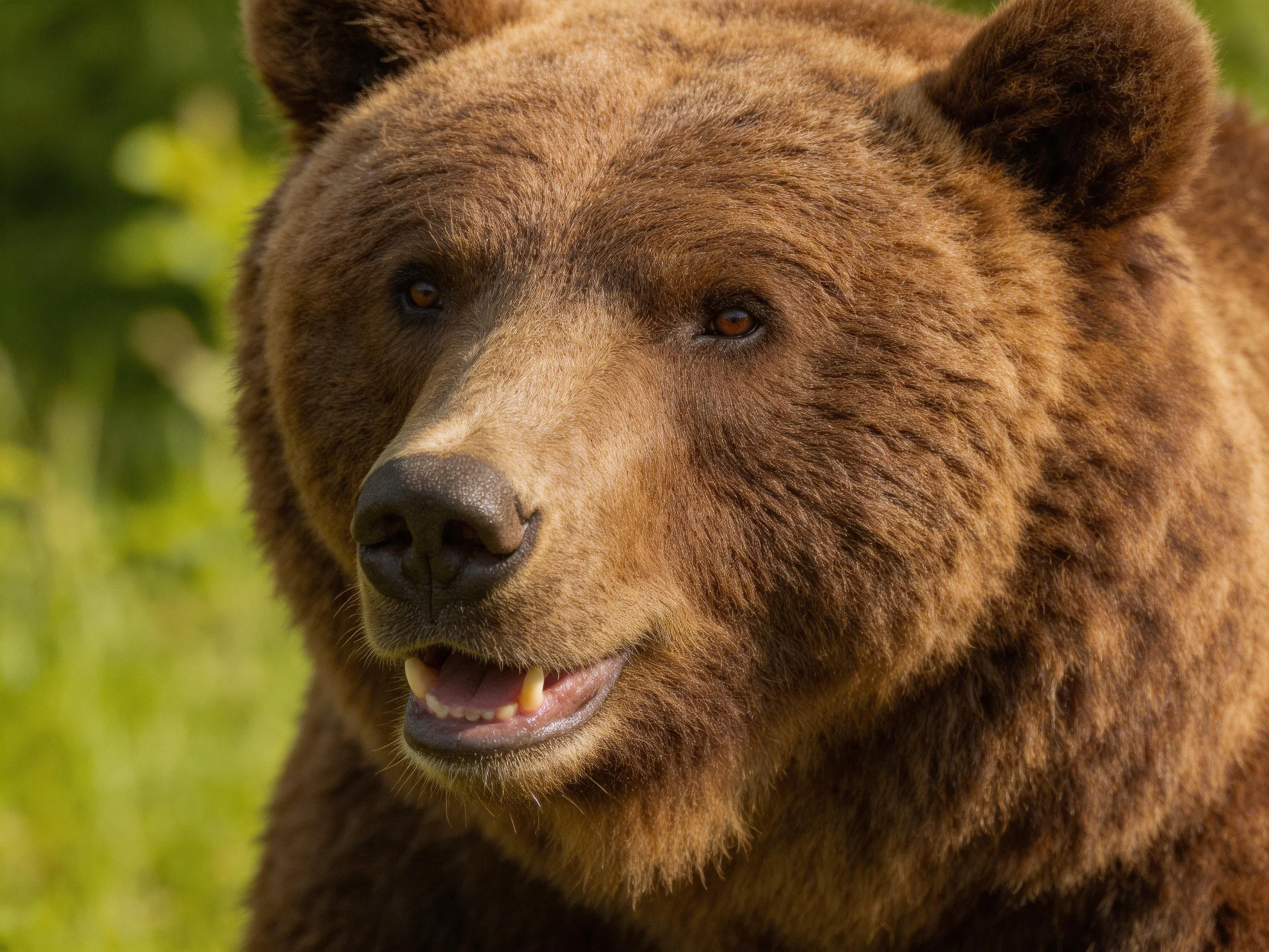 Close - up of a brown grizzly bear with thick fur in a green setting