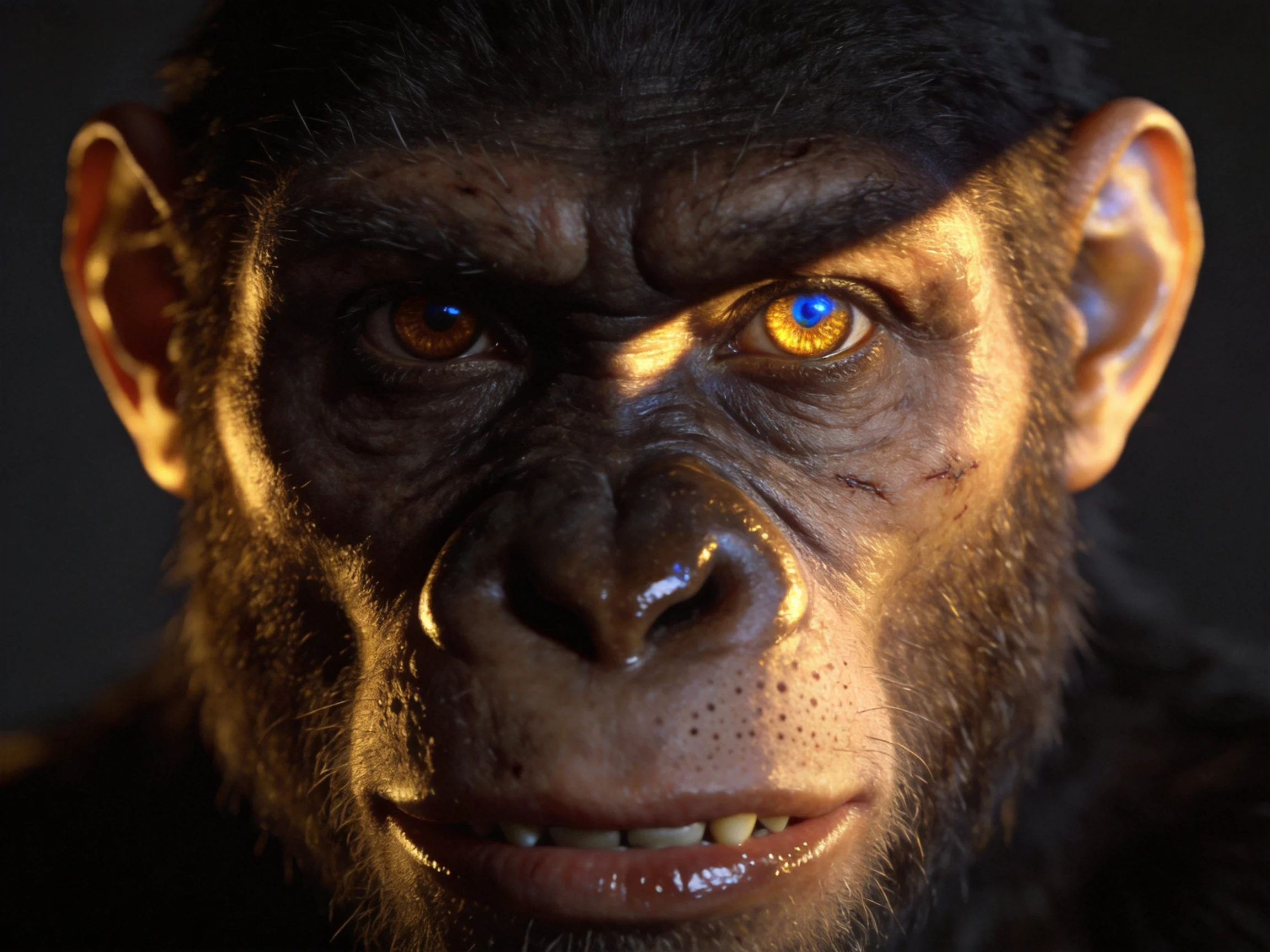 Close - up of a chimpanzees face with dramatic lighting and textured skin