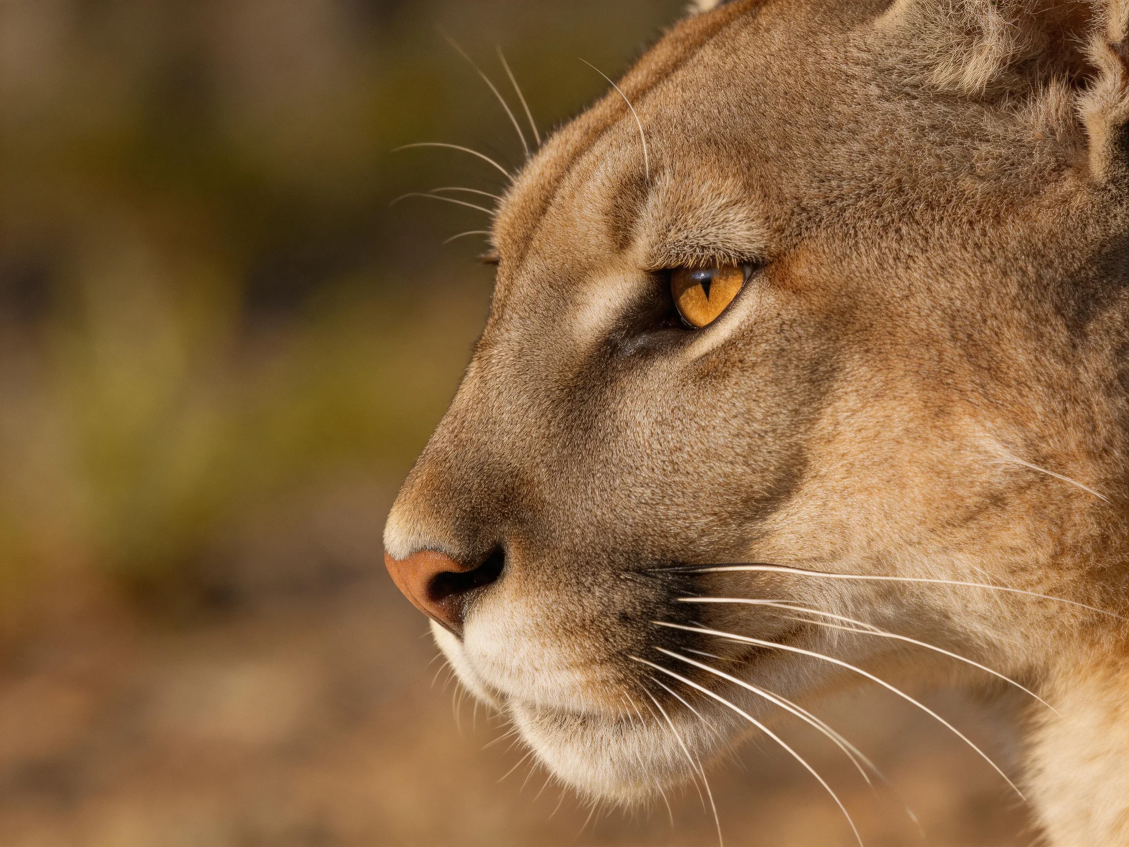 Close - up of a cougars profile with rich brown and tan fur