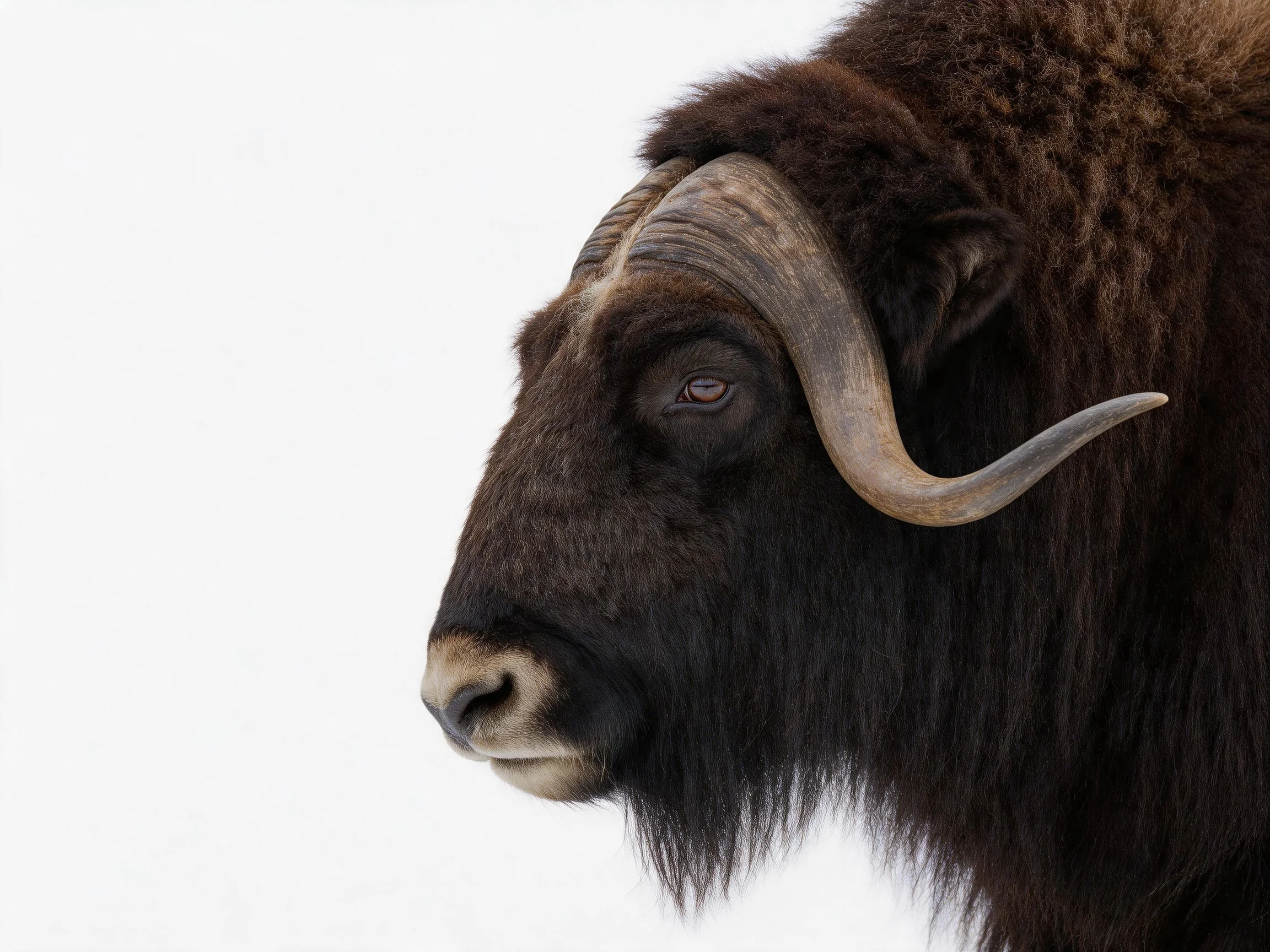 A close-up of a dark brown musk ox with large curved horns.