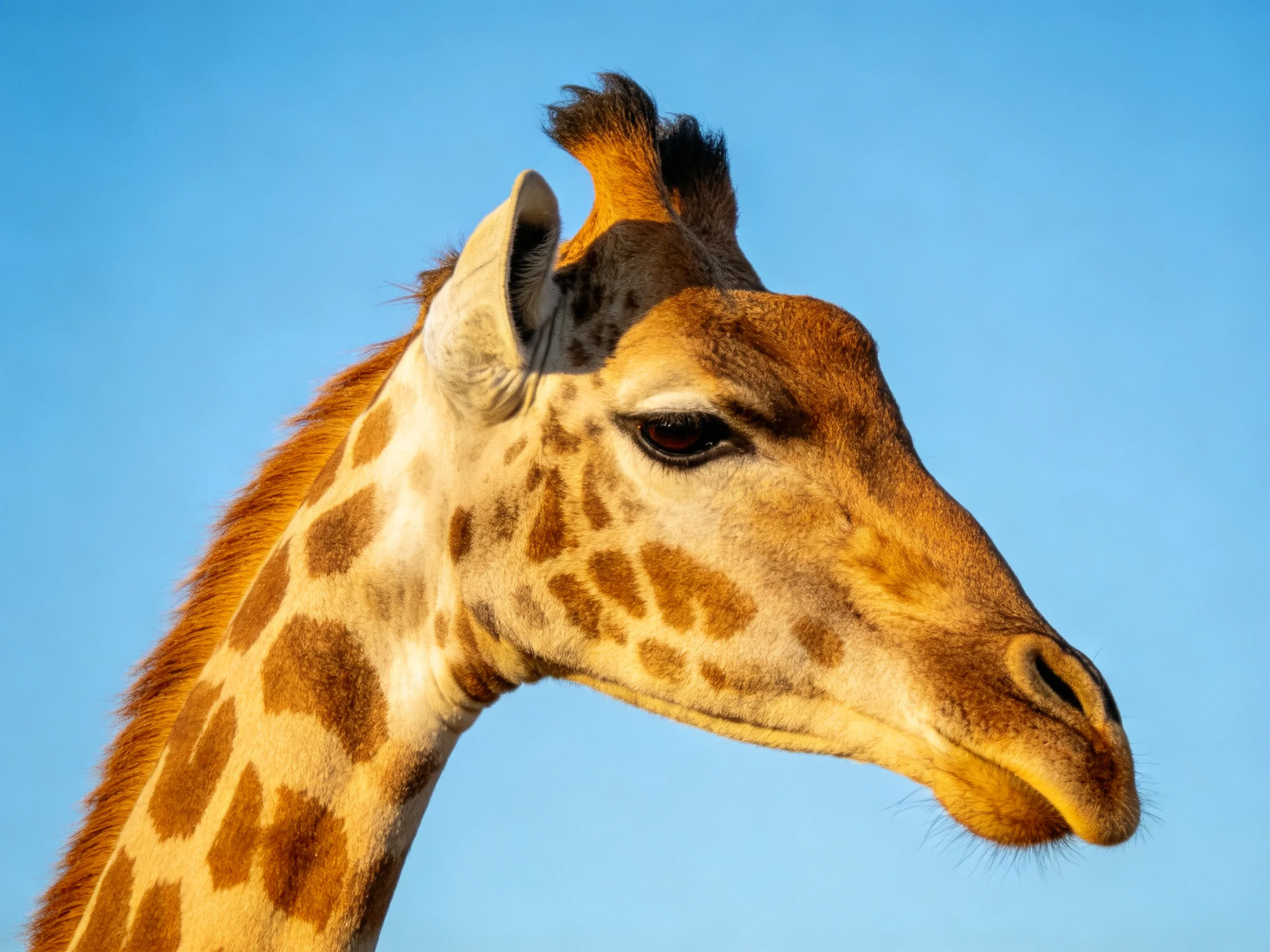 A close - of a giraffe with brown spotted patterns beside a clear blue sky.