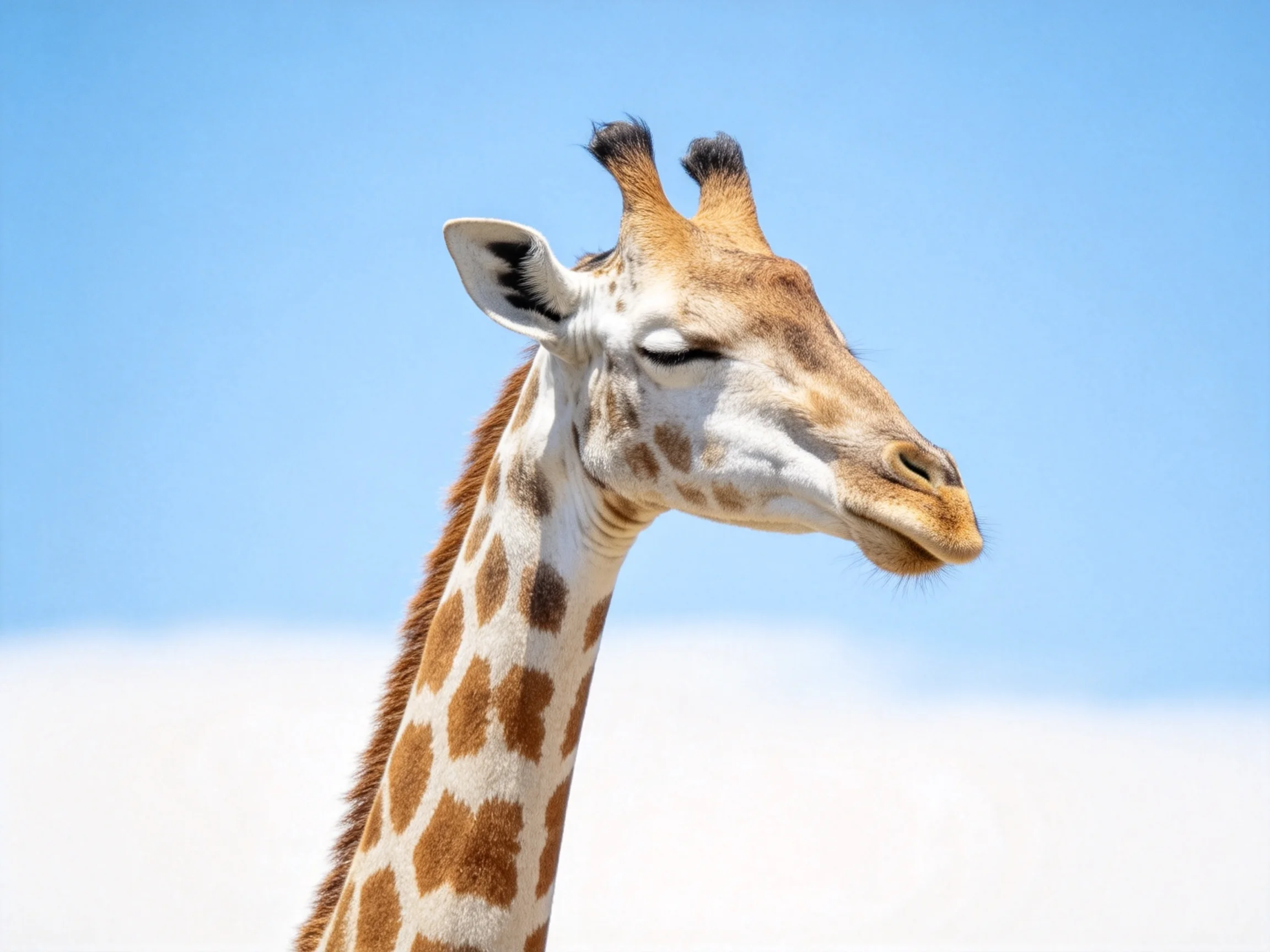 Close - up of a giraffe with brown spots against a clear blue sky