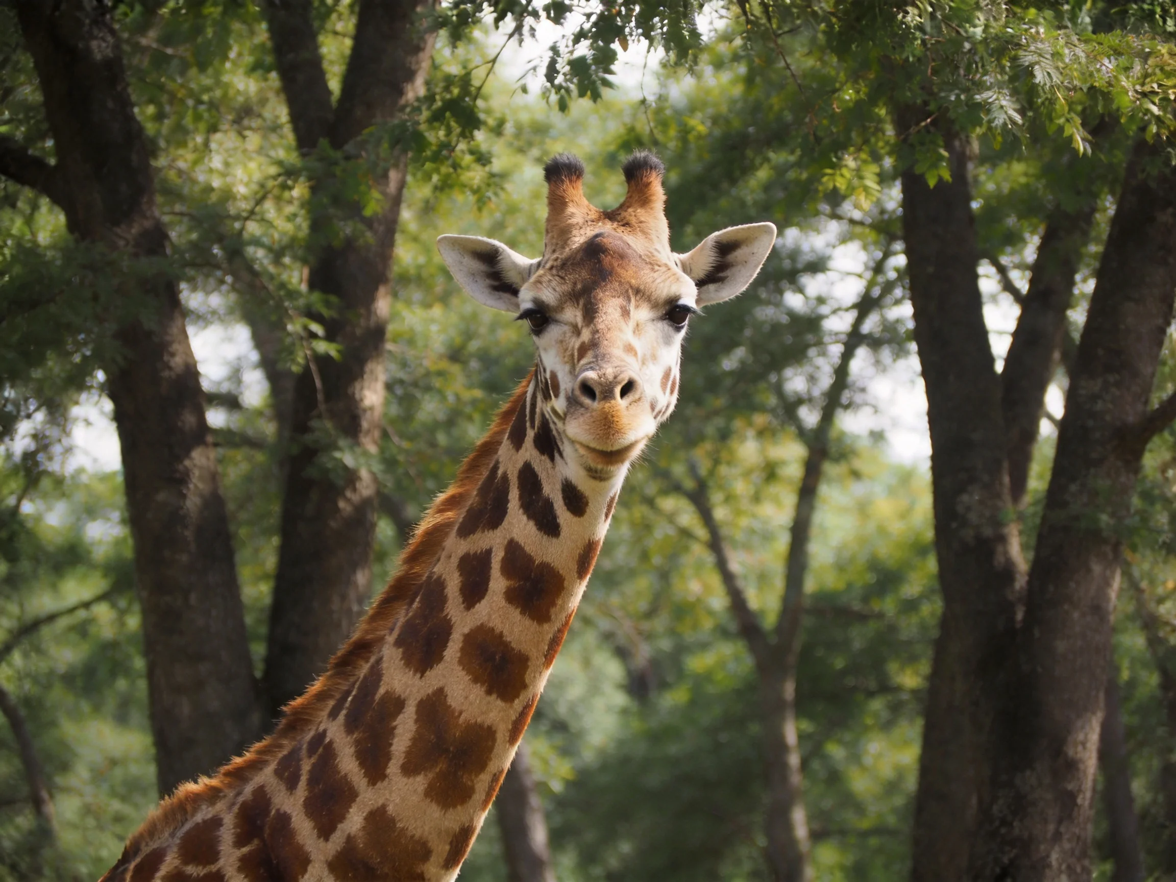 A giraffe with brown patches stands near lush green trees.