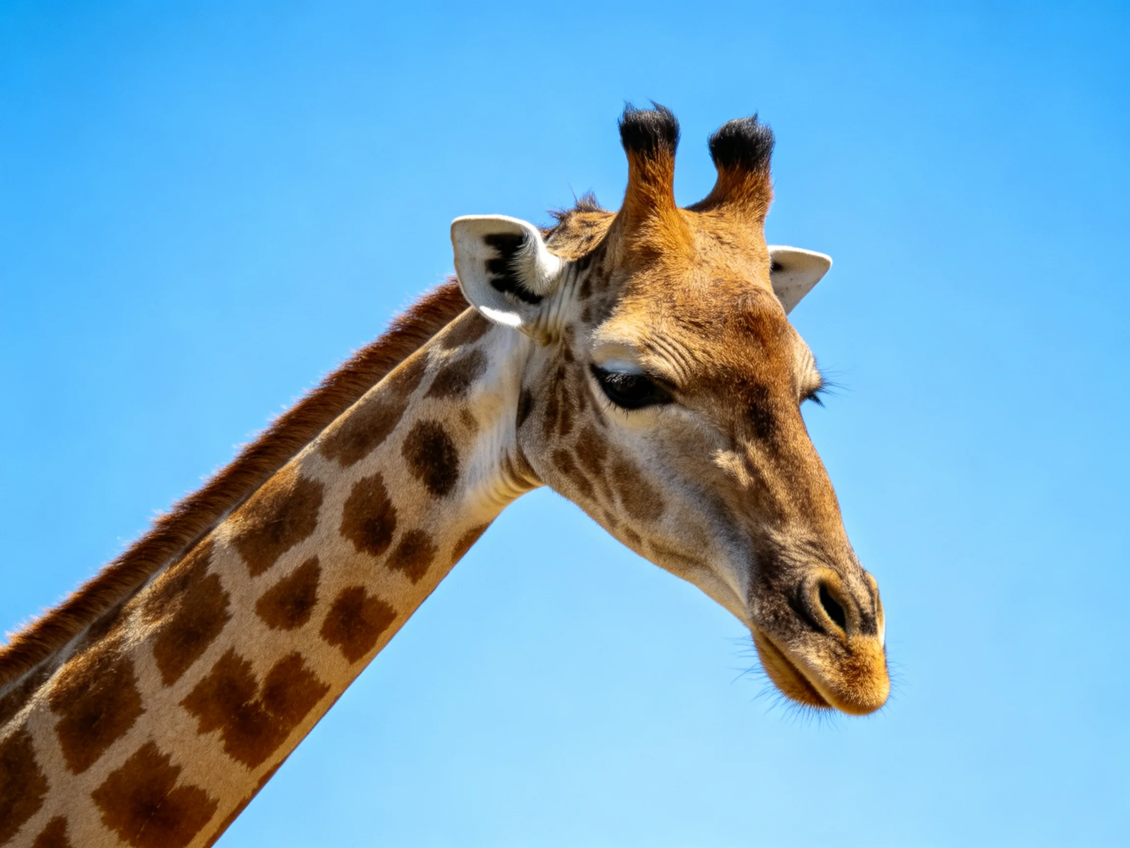 Close - up of a giraffe with brown spotted patterns and ossicones under a clear blue sky