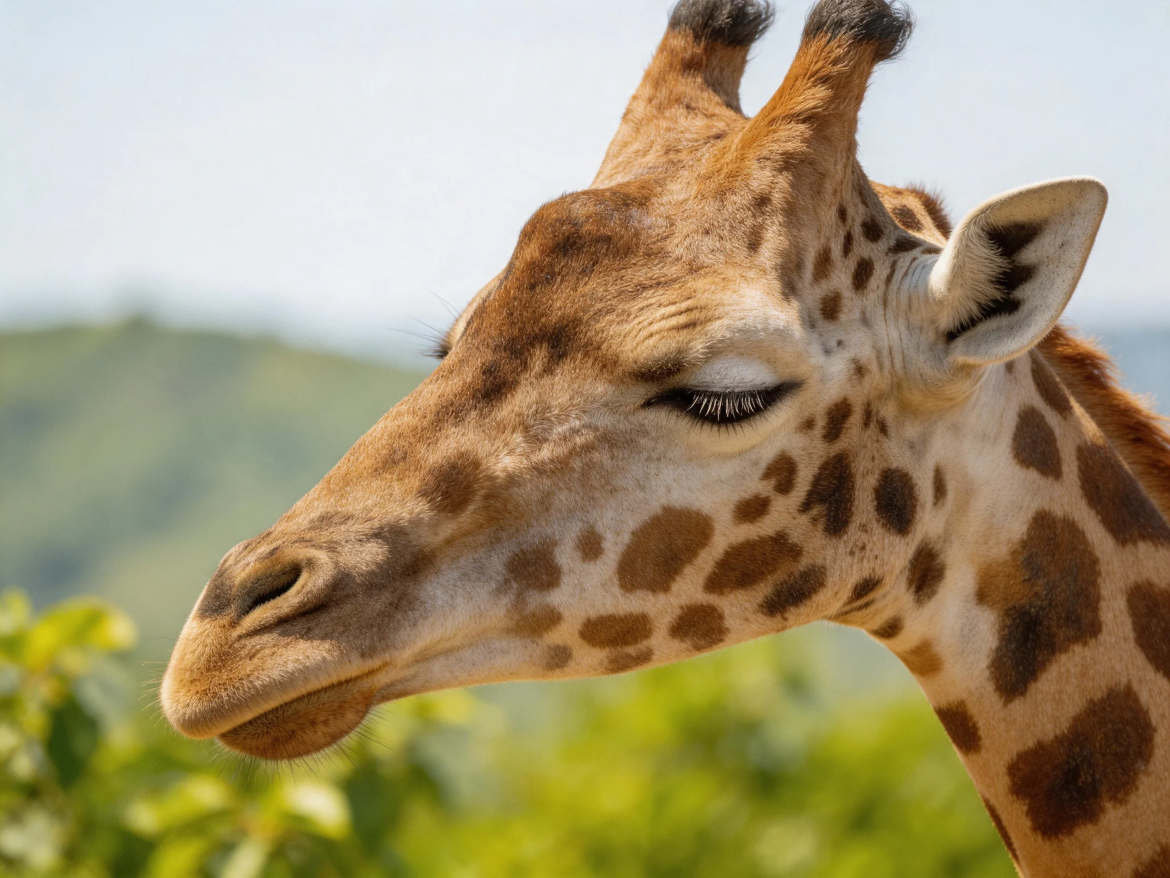 Close-up of a giraffe with brown spotted patterns near green landscape