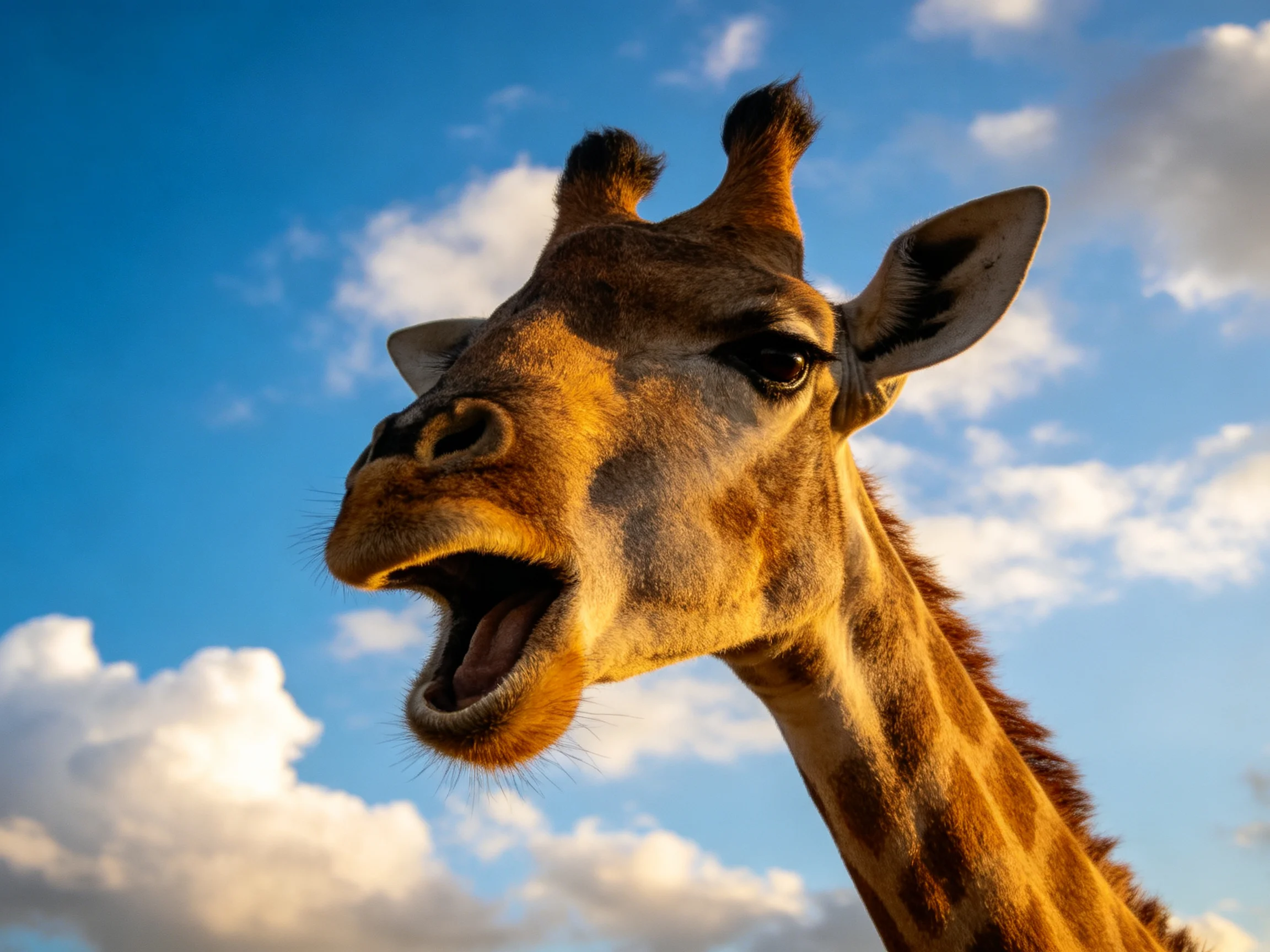 Close-up of a giraffe with open mouth against bright blue sky with scattered clouds