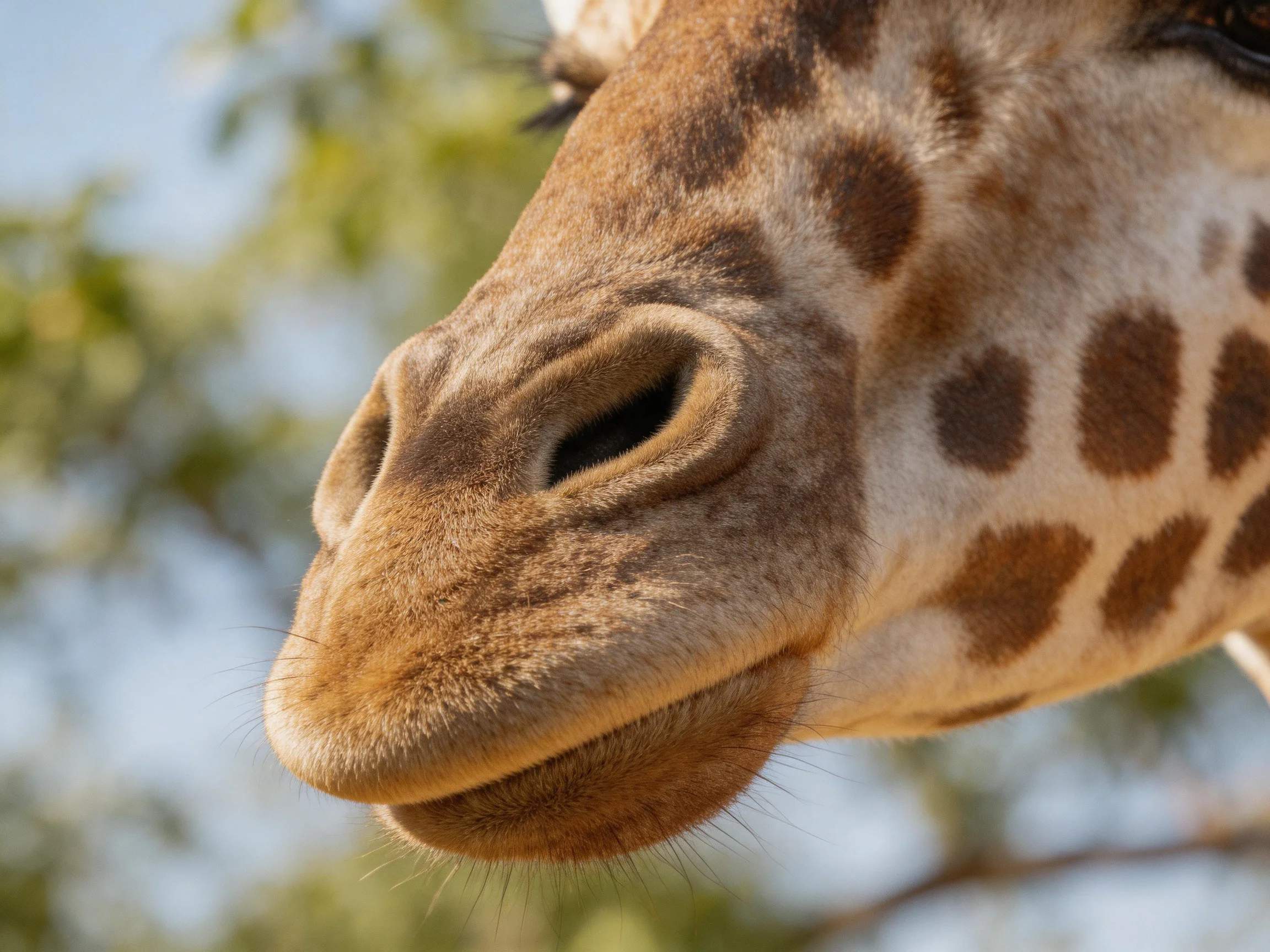 Close - up of a giraffe’s head with distinctive brown spotted patterns and natural backdrop
