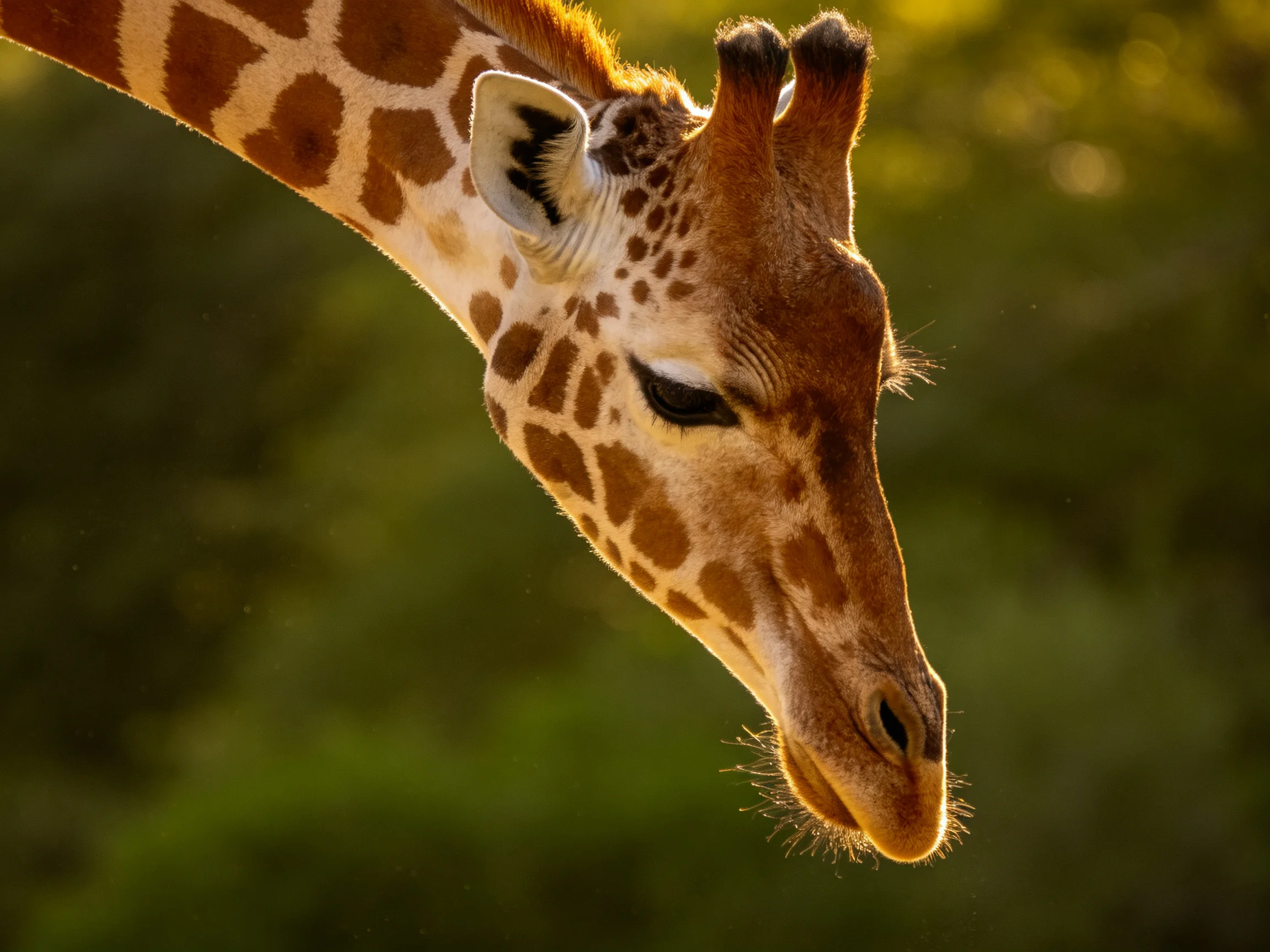 Close - up of a giraffes head with brown spotted patterns near greenery